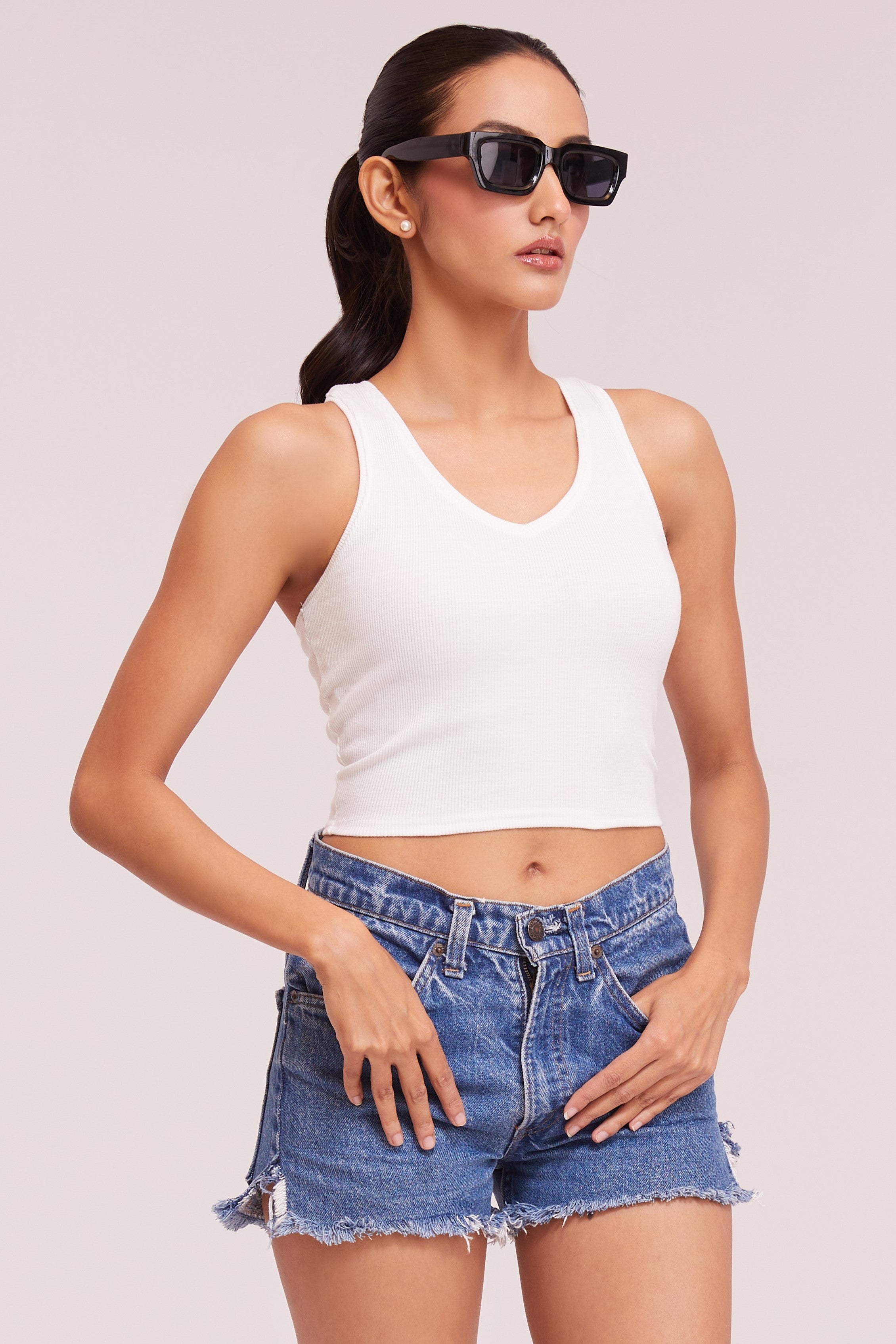 White Ribbed V-Neck Sleeveless Crop Top