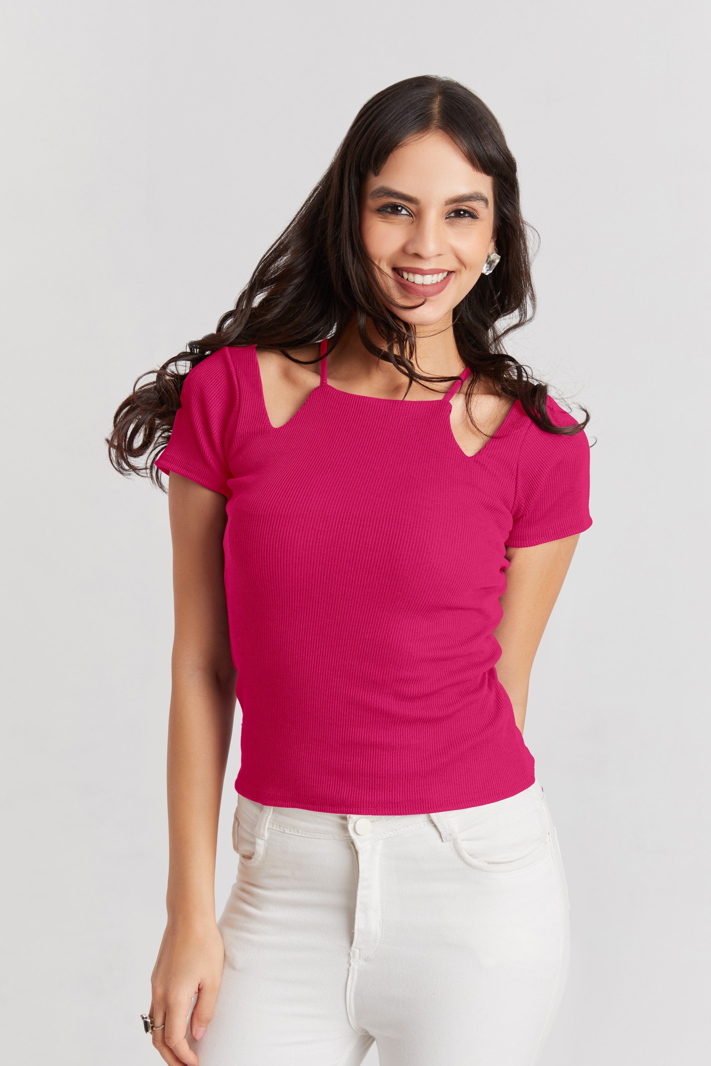 Midnight Pink Ribbed Cutout Top