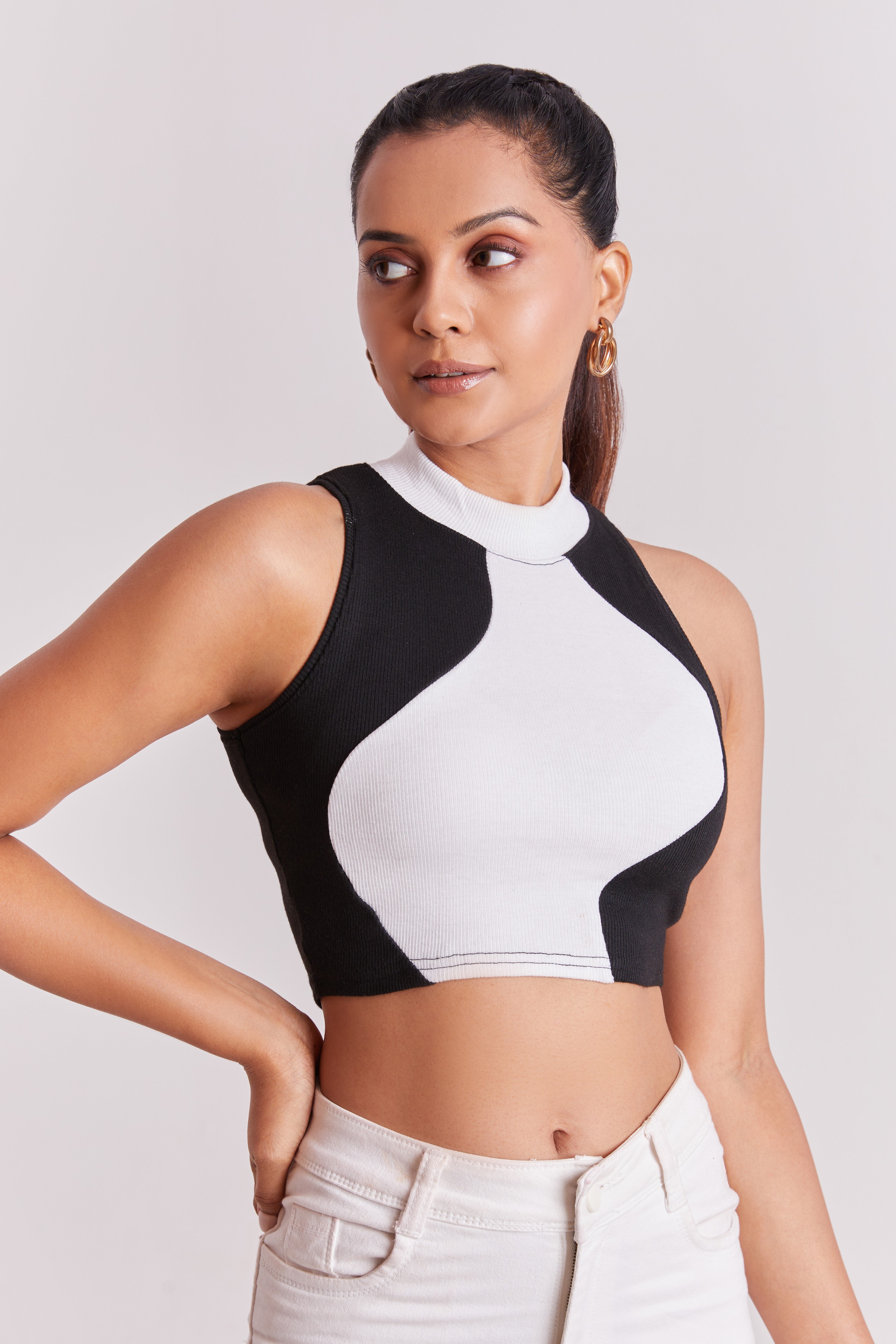 Black & White Ribbed High Neck Sleeveless Crop Top