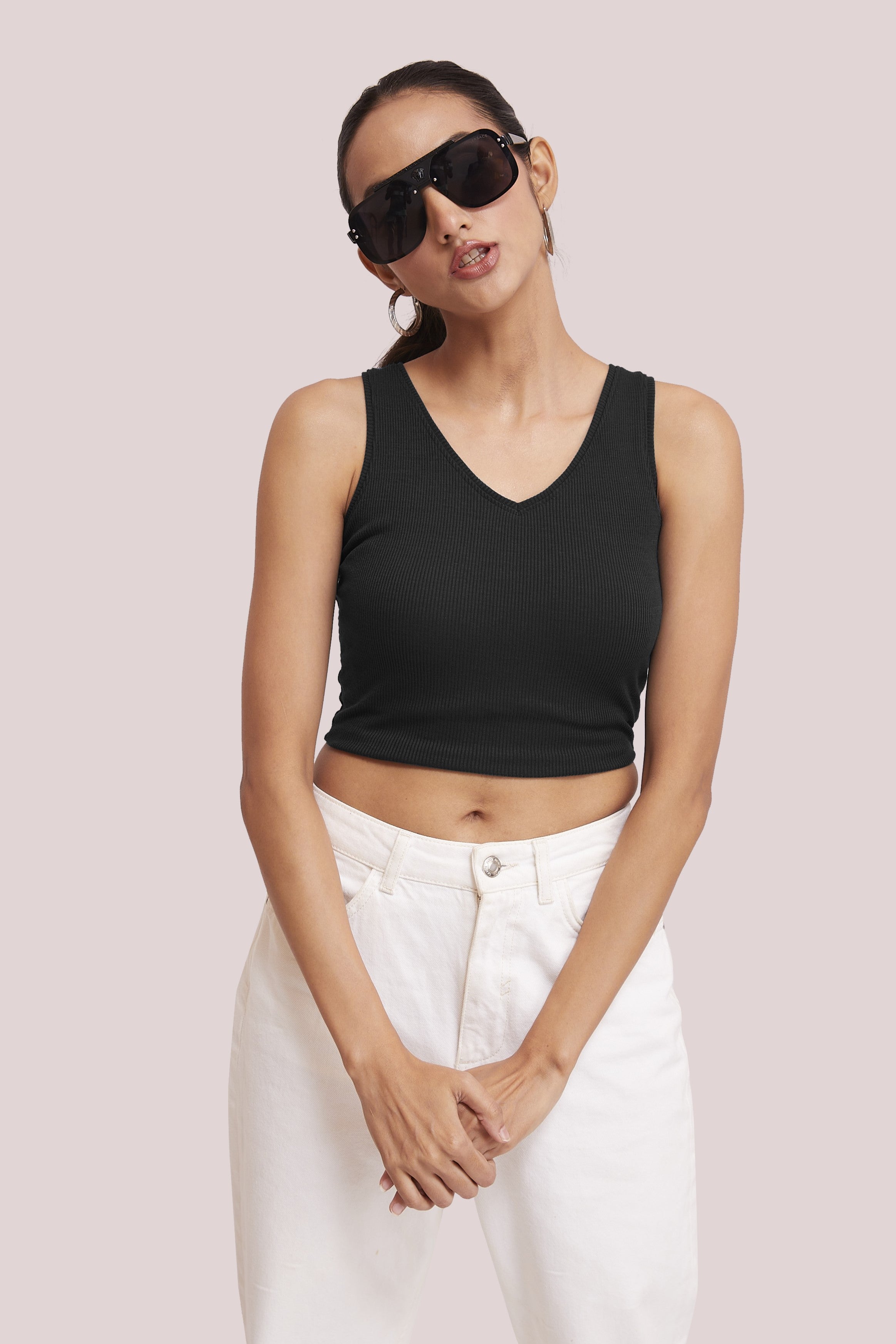Lavender Ribbed V-Neck Sleeveless Crop Top