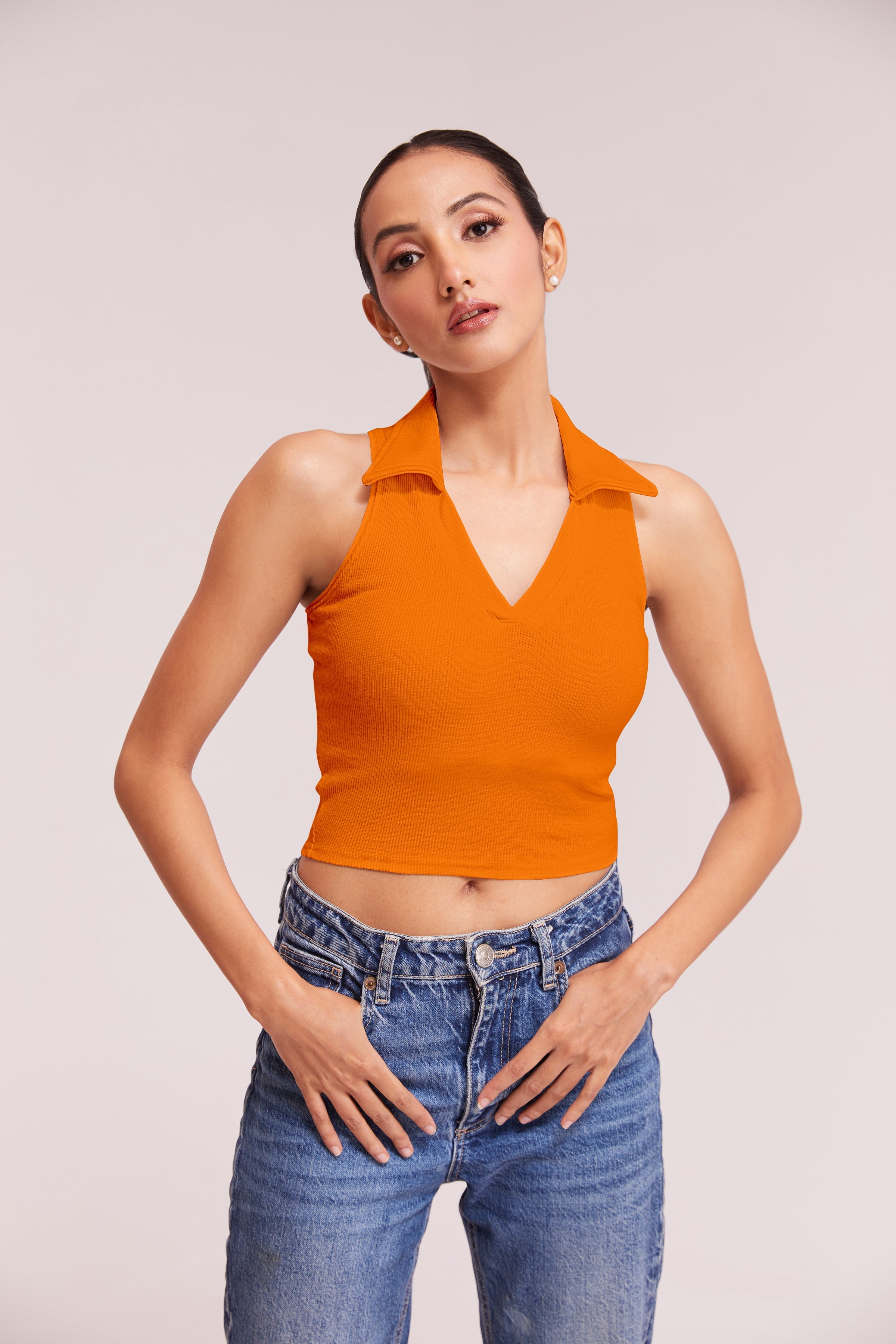 Black-Ribbed Collared Sleeveless Crop Top