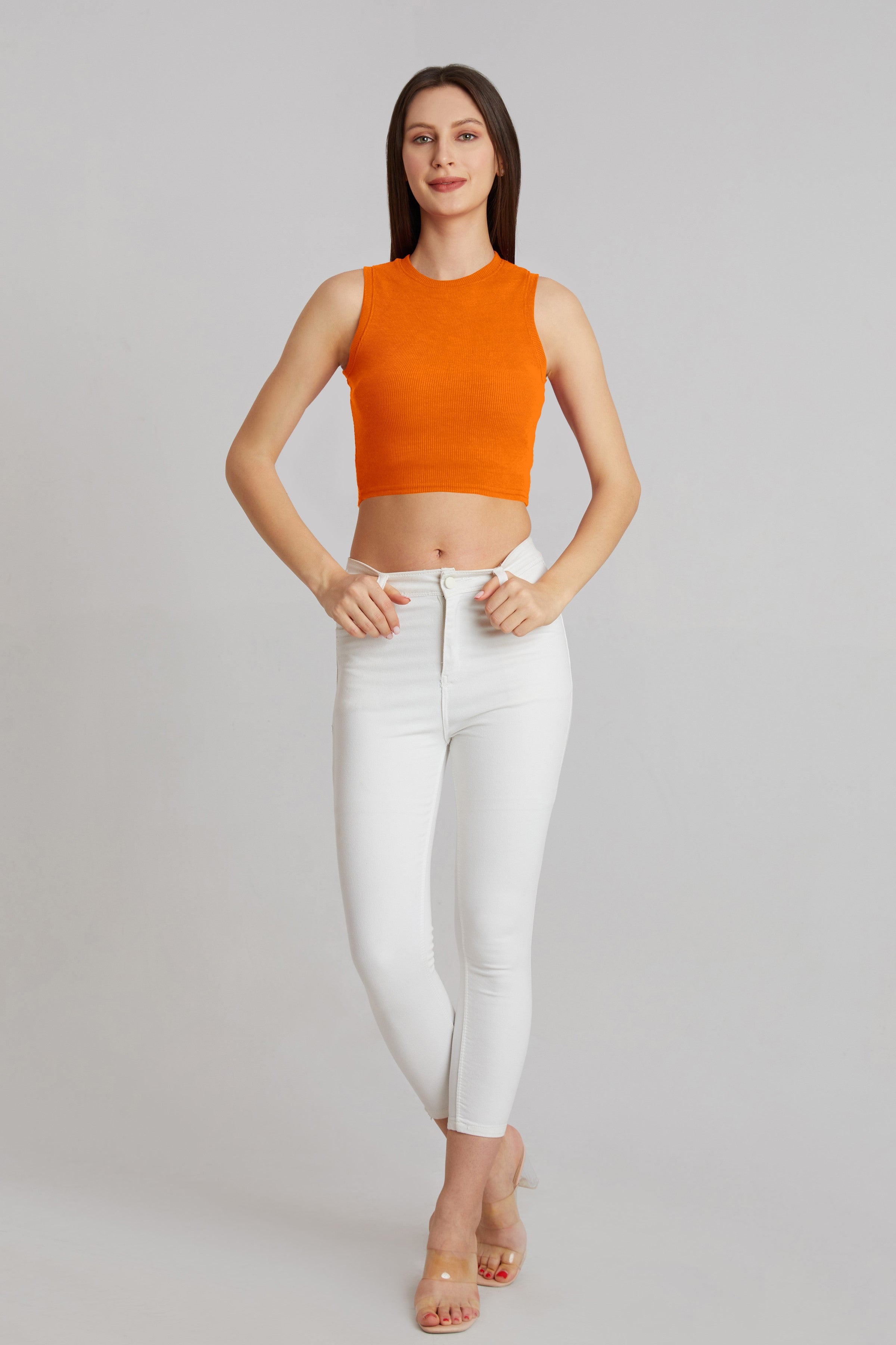 Bright Orange Ribbed Sleeveless Crop Top