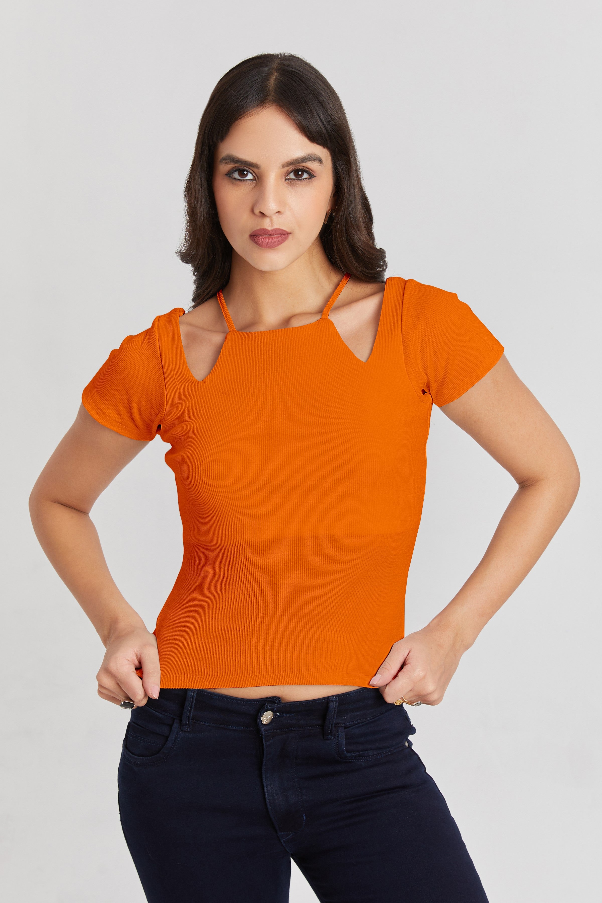 Midnight Black Ribbed Cutout Top