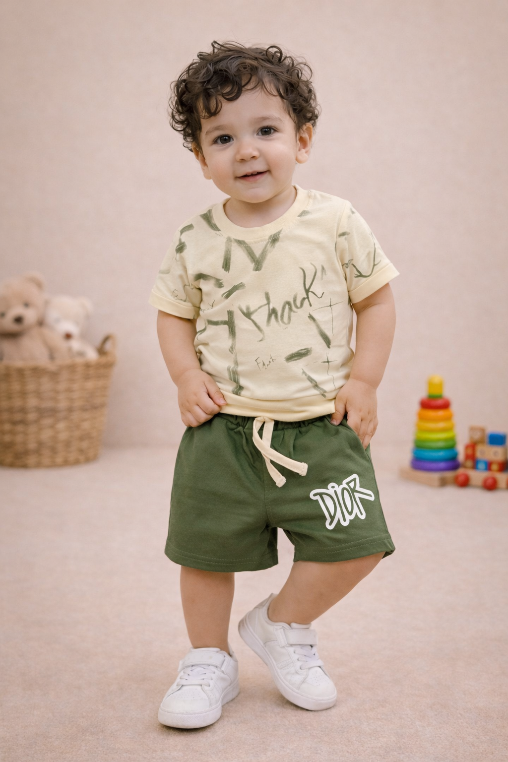 Kids Cream & Olive Green Co-ord Set with Printed Shorts