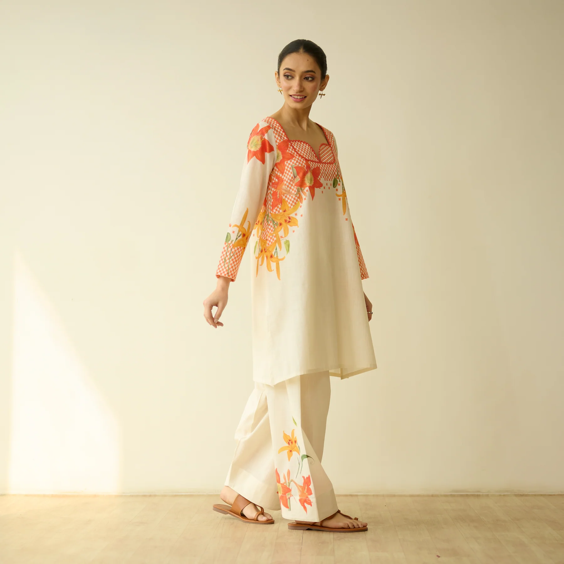 Cream Floral Printed Kurta & Palazzo Set