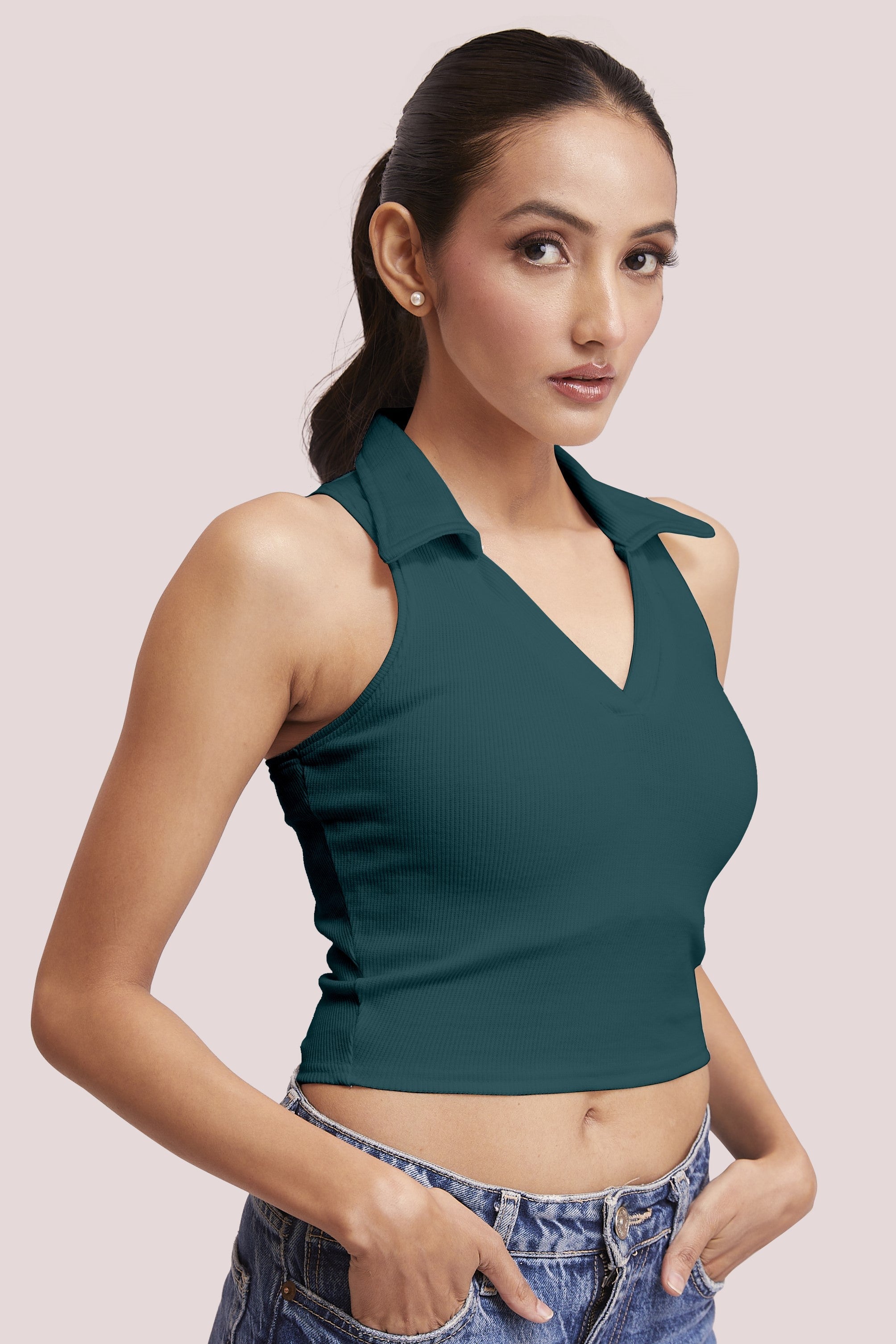 Black-Ribbed Collared Sleeveless Crop Top