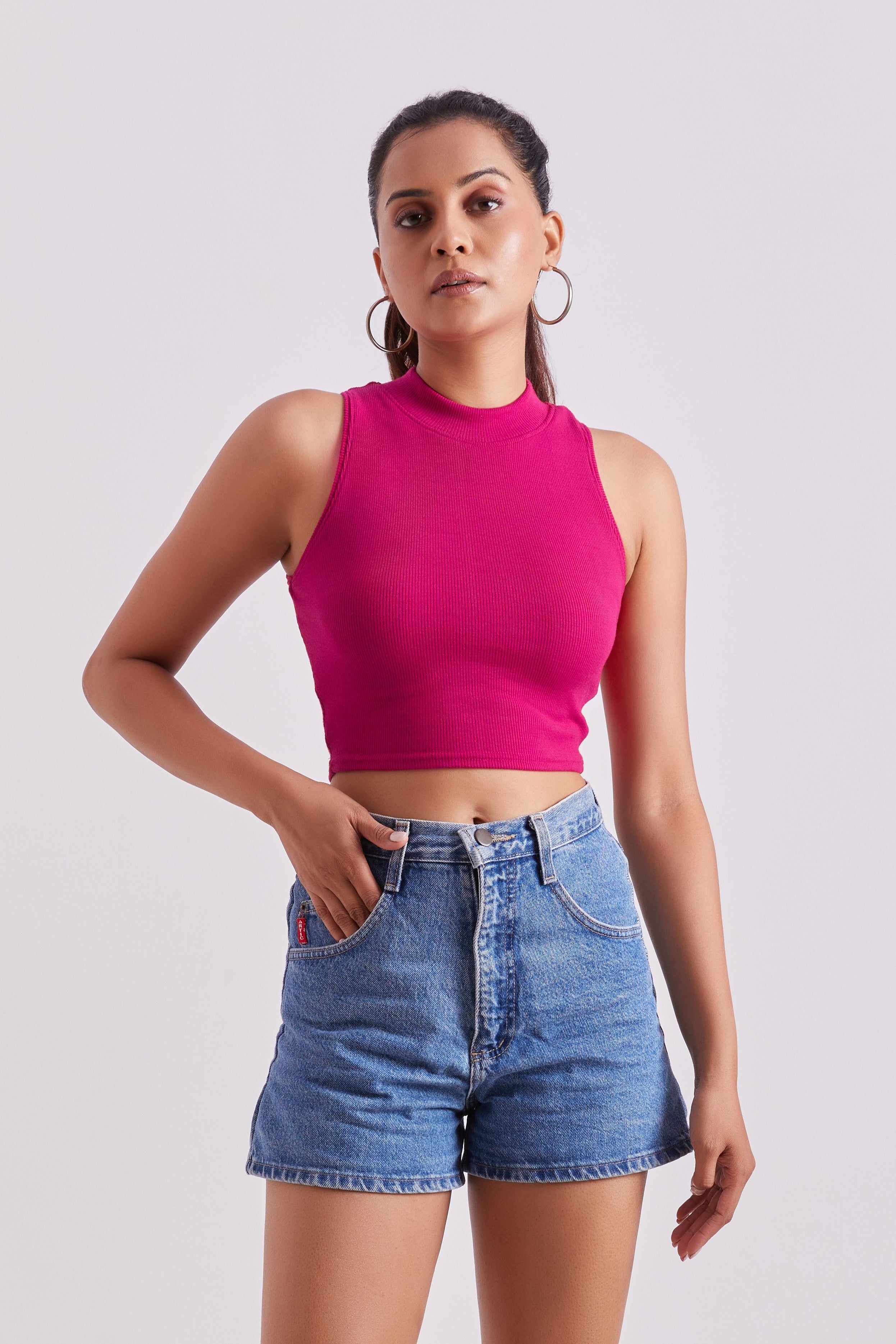 Pink Ribbed High Neck Sleeveless Crop Top