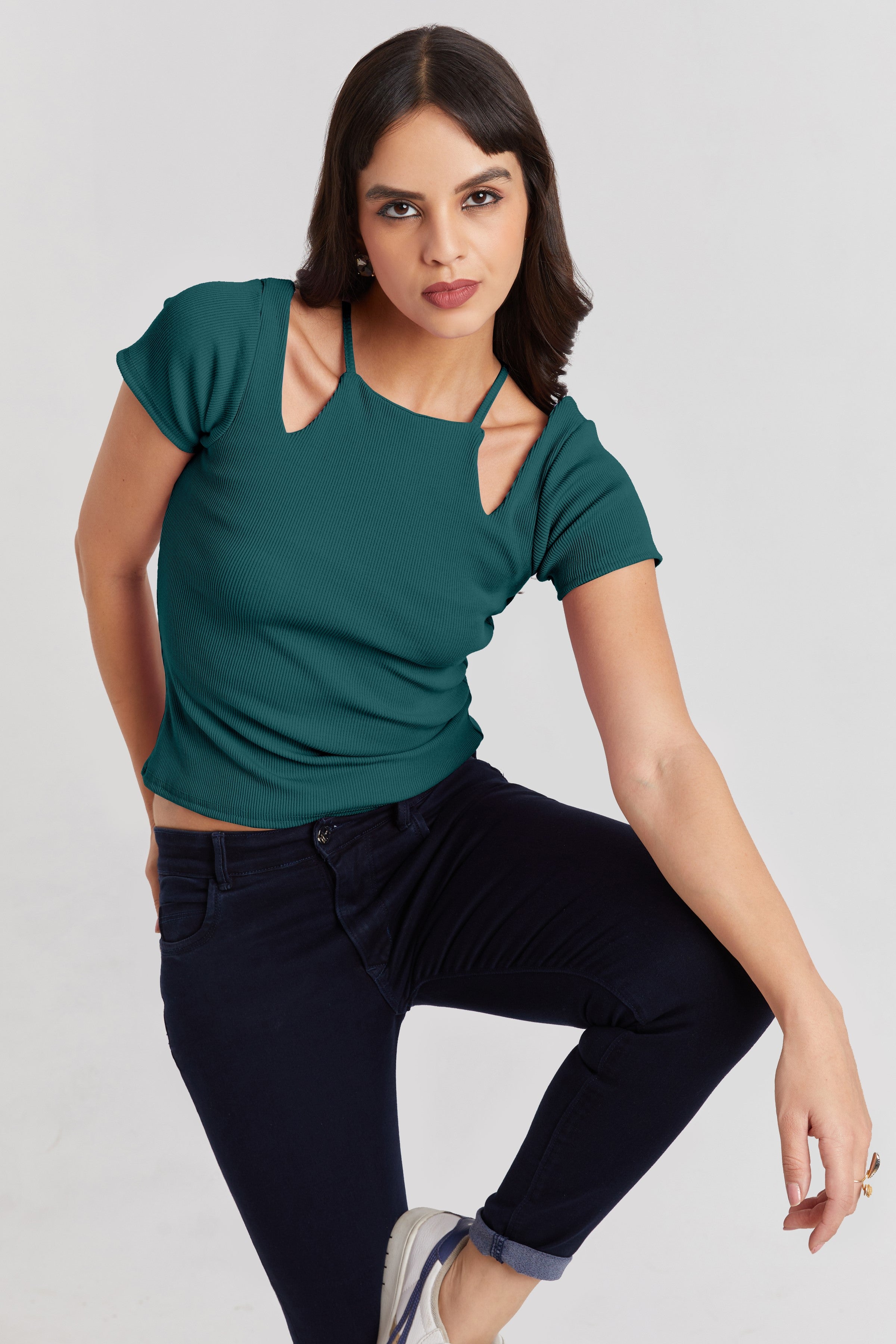 Midnight Black Ribbed Cutout Top