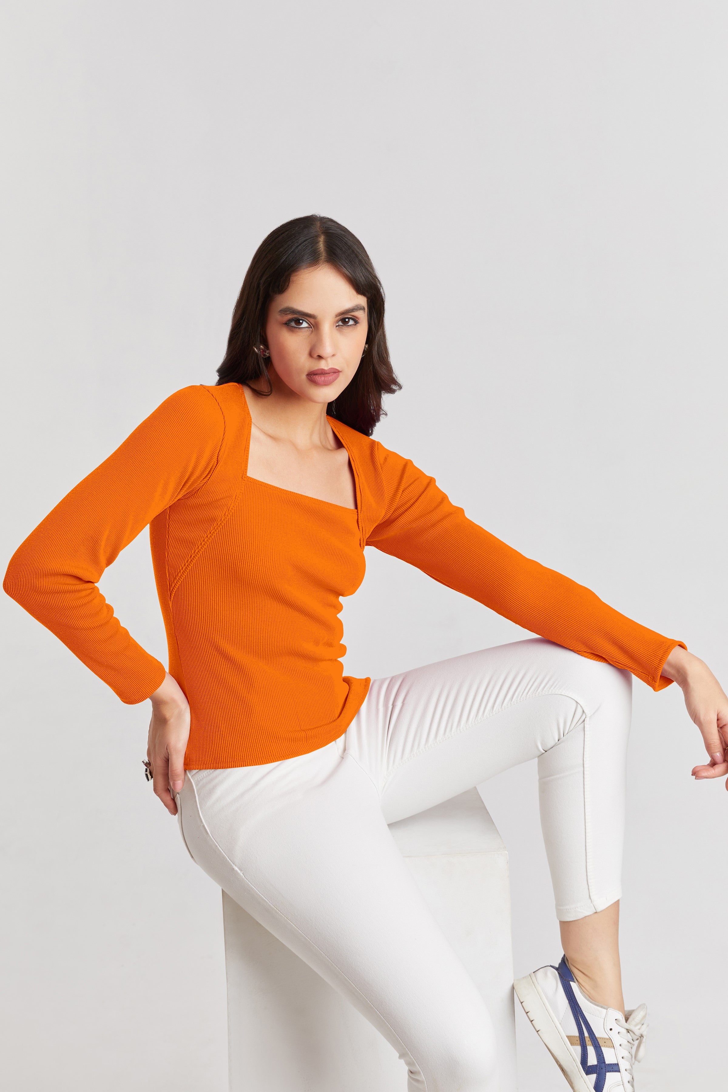 Black Ribbed Square Neck Top