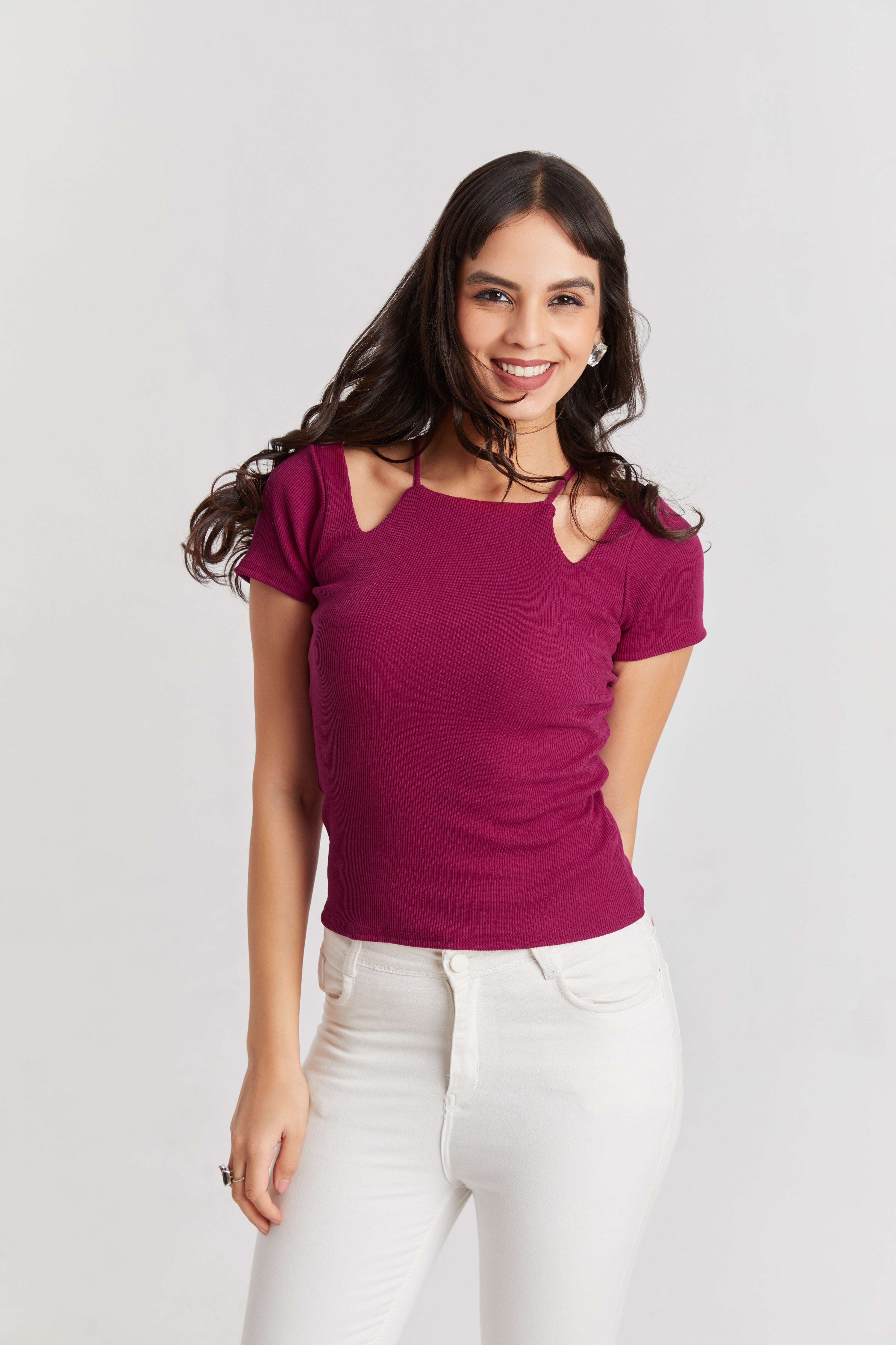 Midnight Wine Ribbed Cutout Top