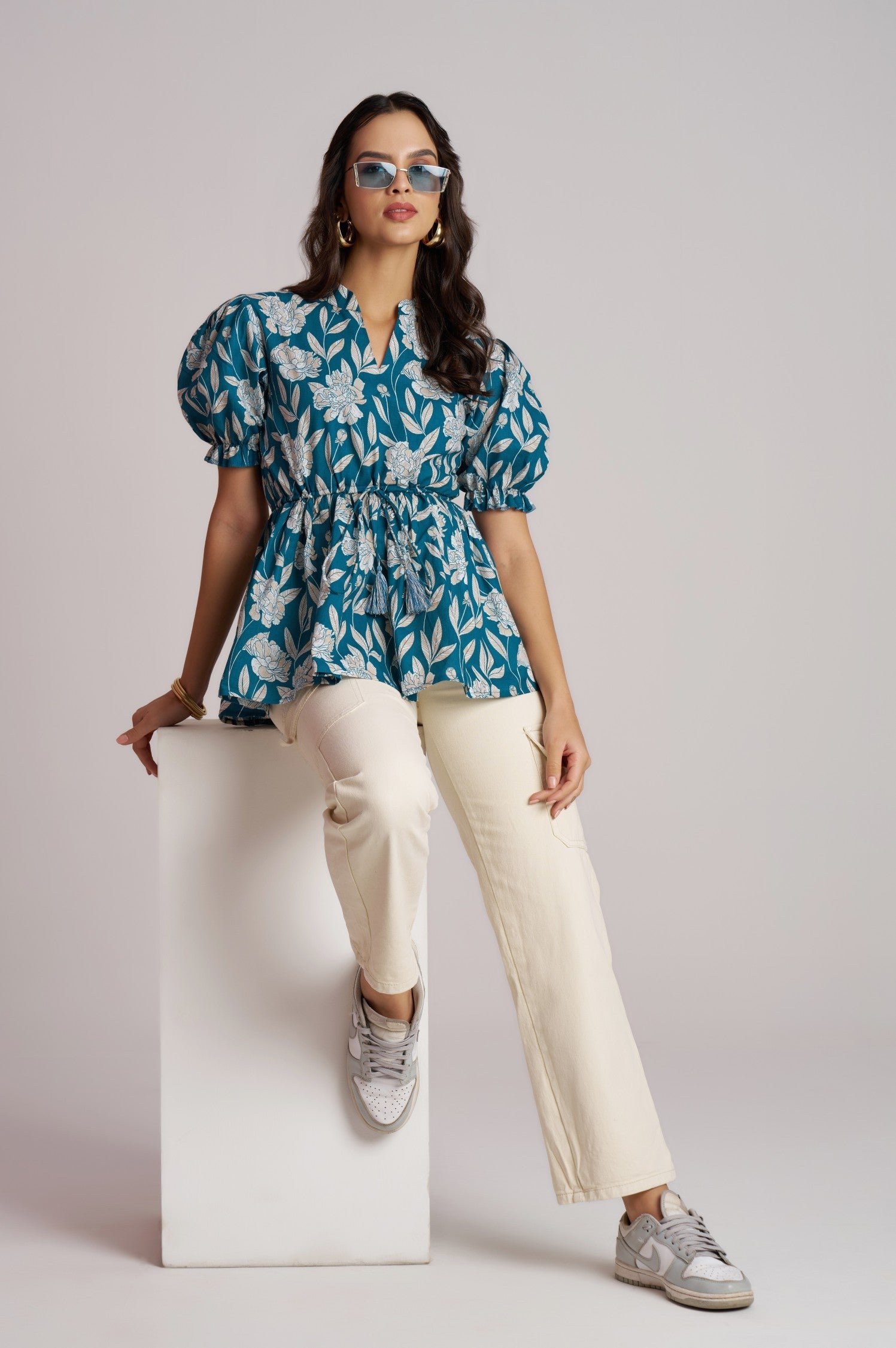 Teal Bloom Puff Sleeve Peplum Top