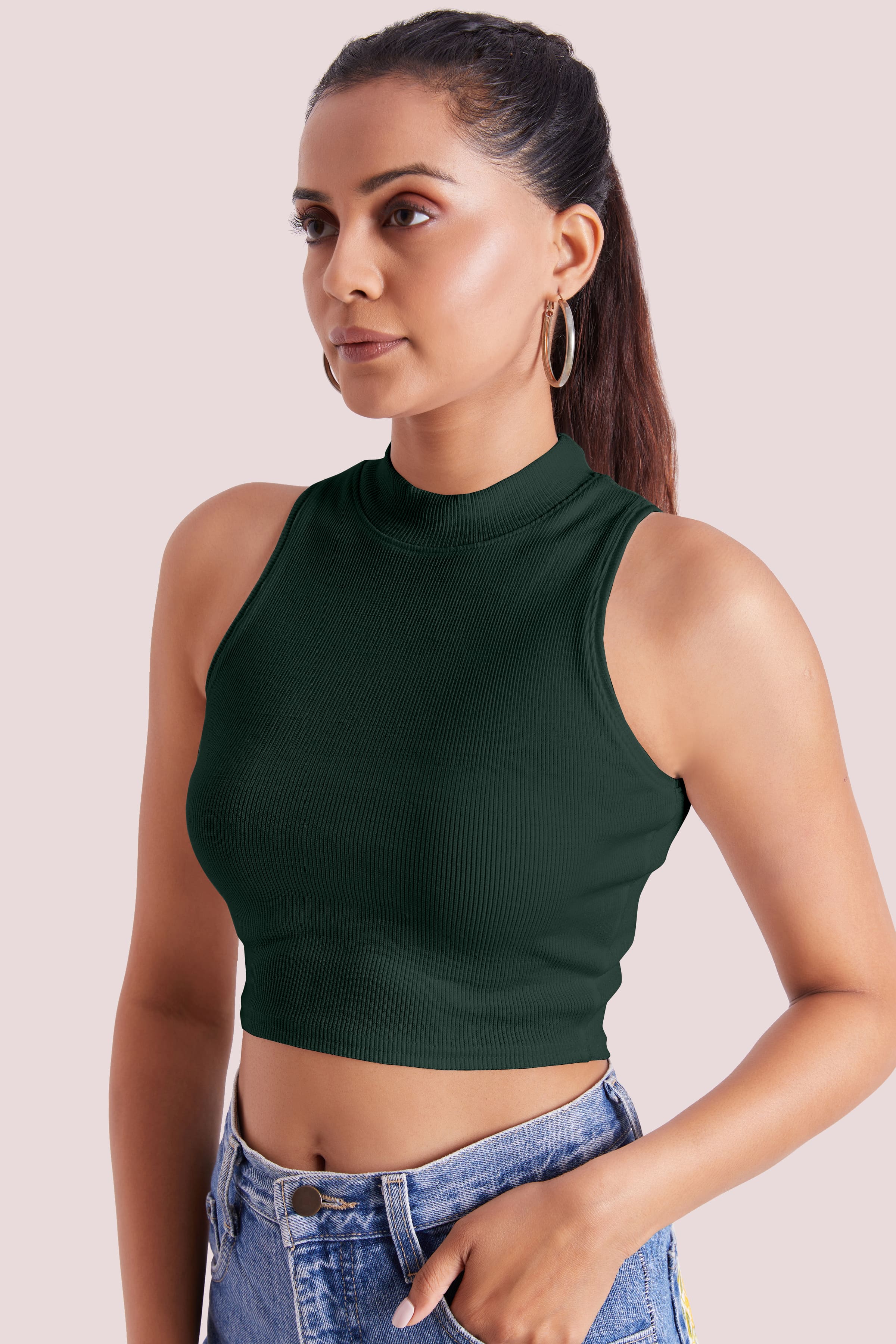 Forest Green Ribbed High Neck Sleeveless Crop Top
