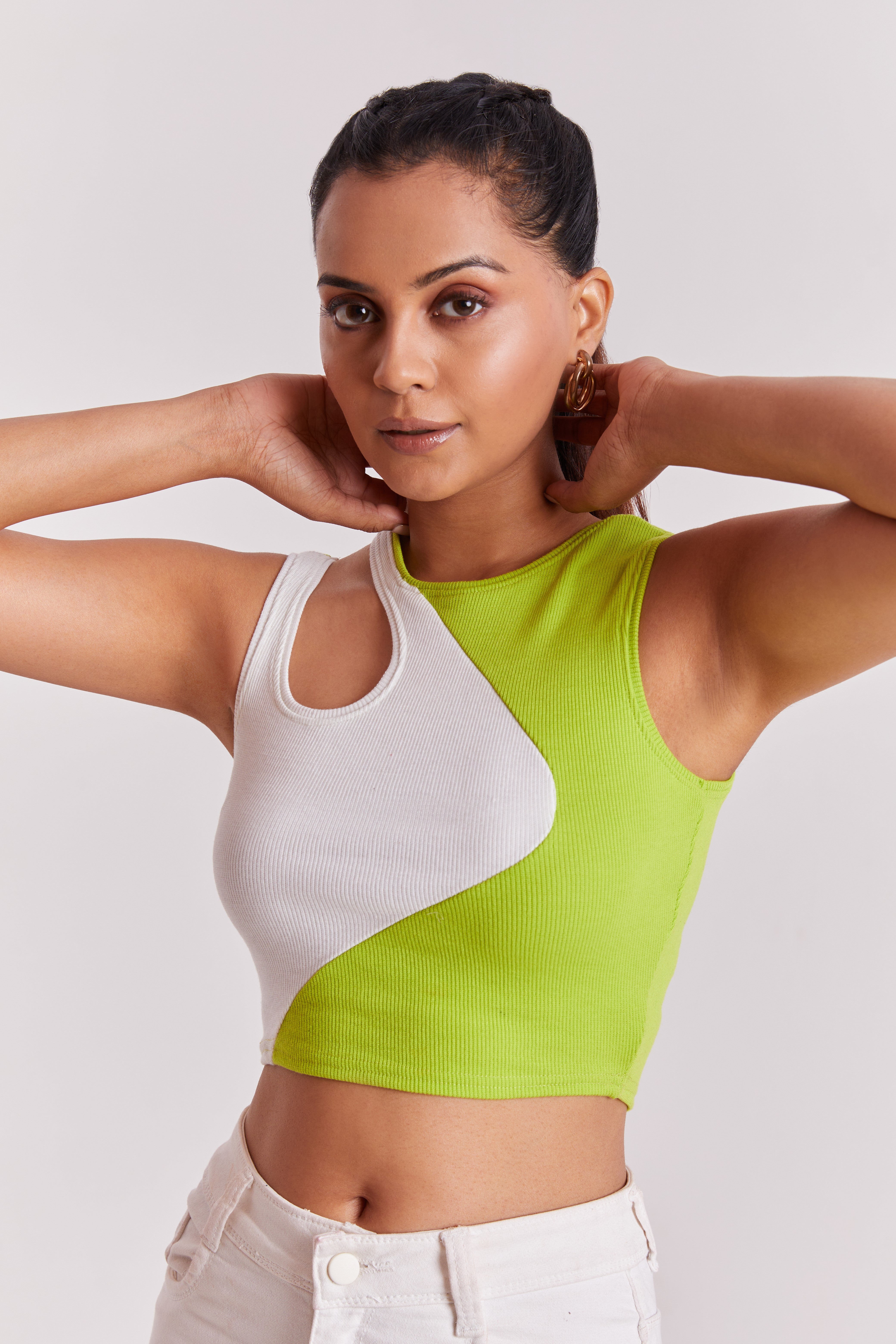 Orange & White-Ribbed Sleeveless Cut-Out Tank Top