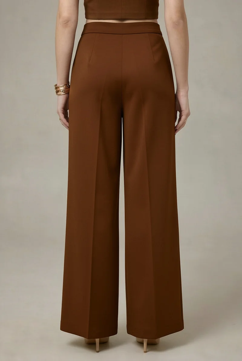 Chic Brown High-Waist Wide Leg Tailored Trousers for Women