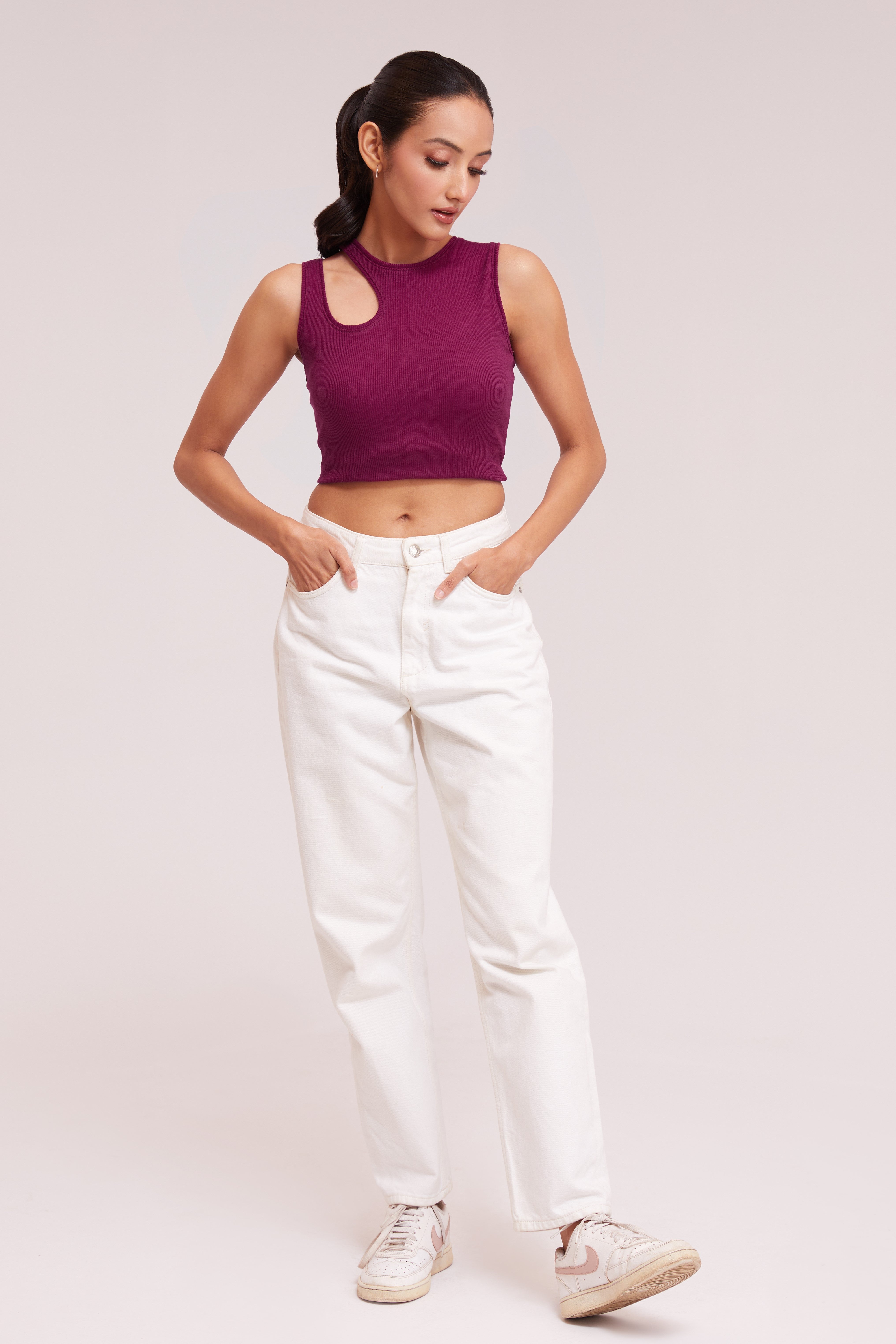 Pink-Ribbed Sleeveless Cut-Out Tank Top