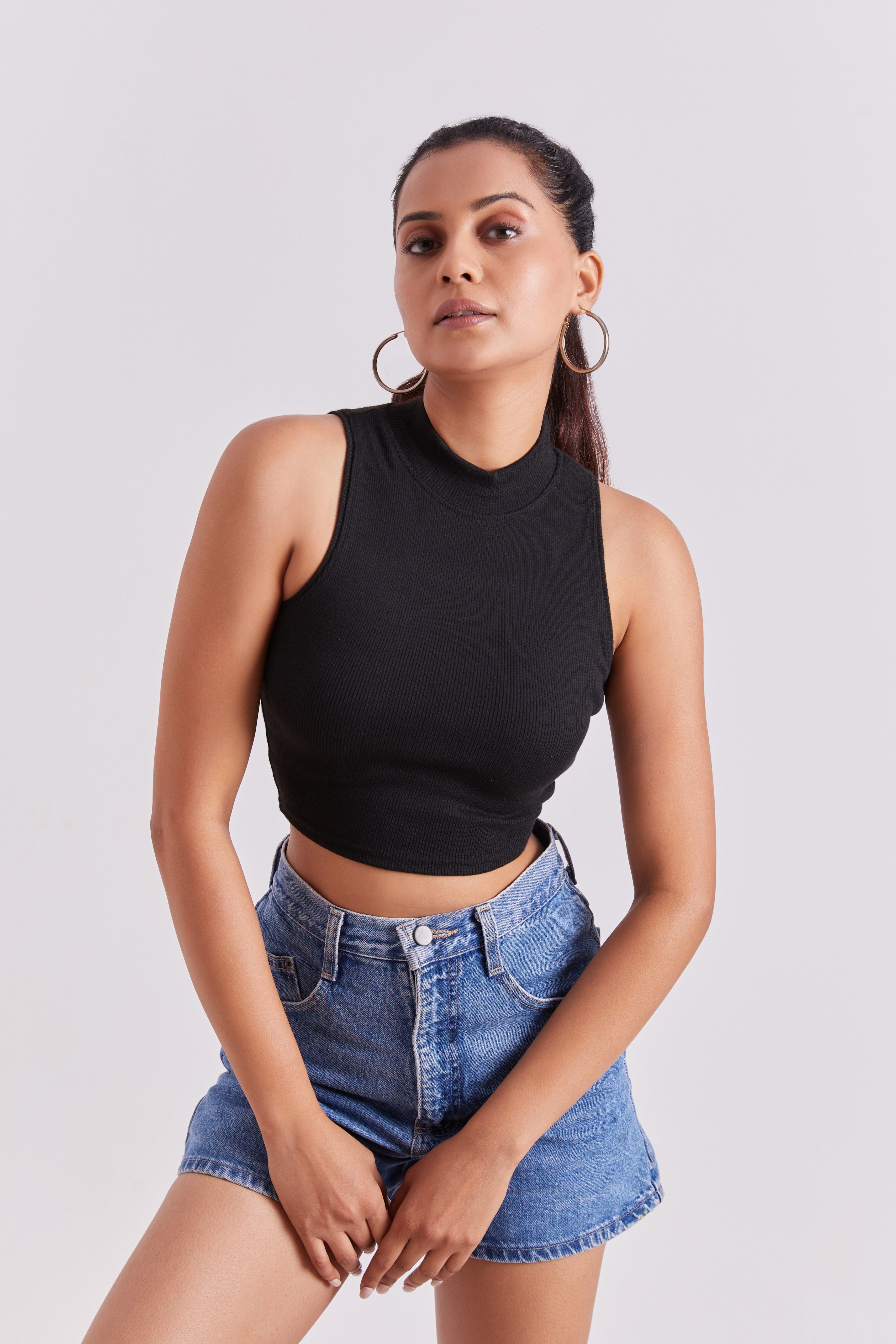 Black Ribbed High Neck Sleeveless Crop Top