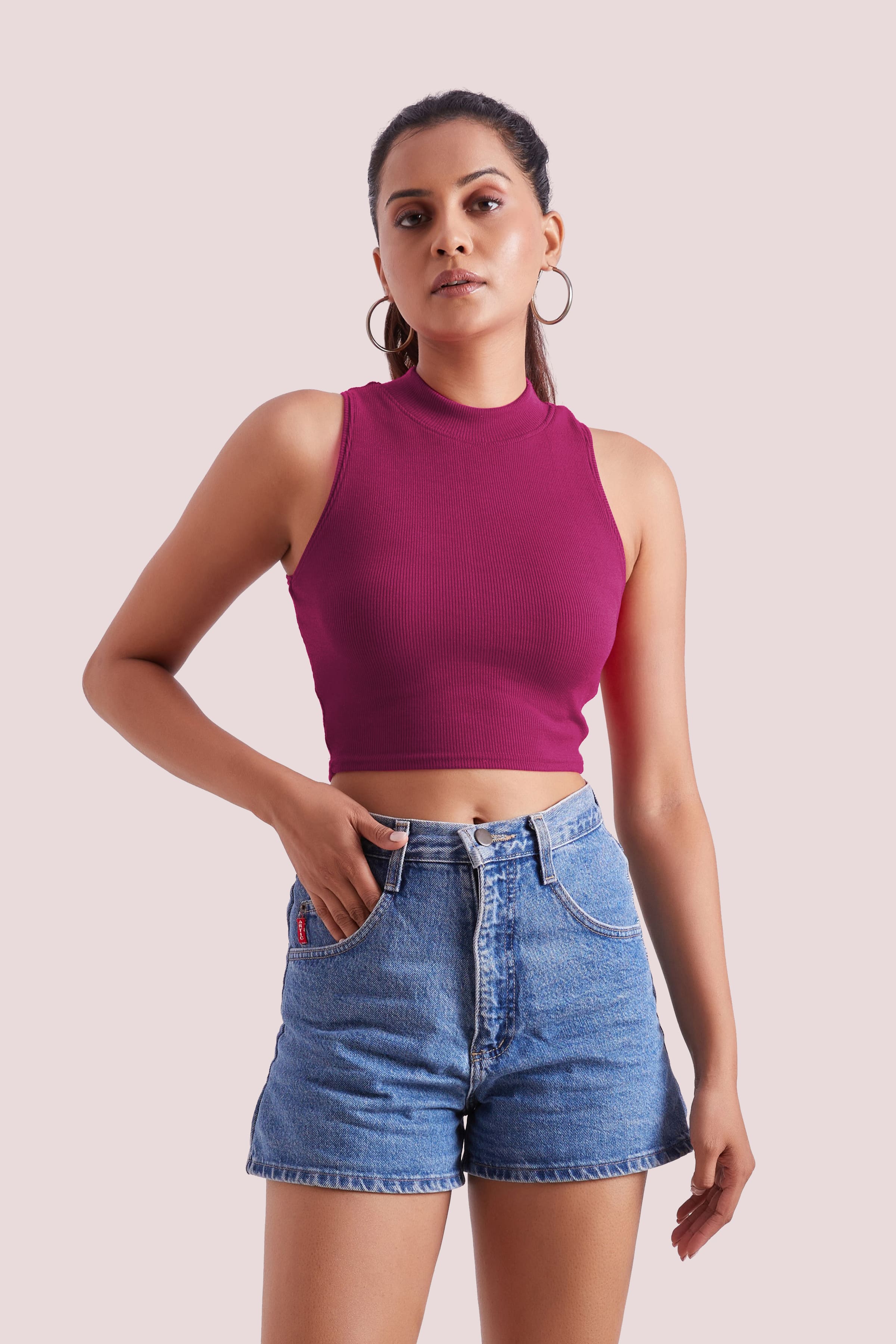 Wine Ribbed High Neck Sleeveless Crop Top