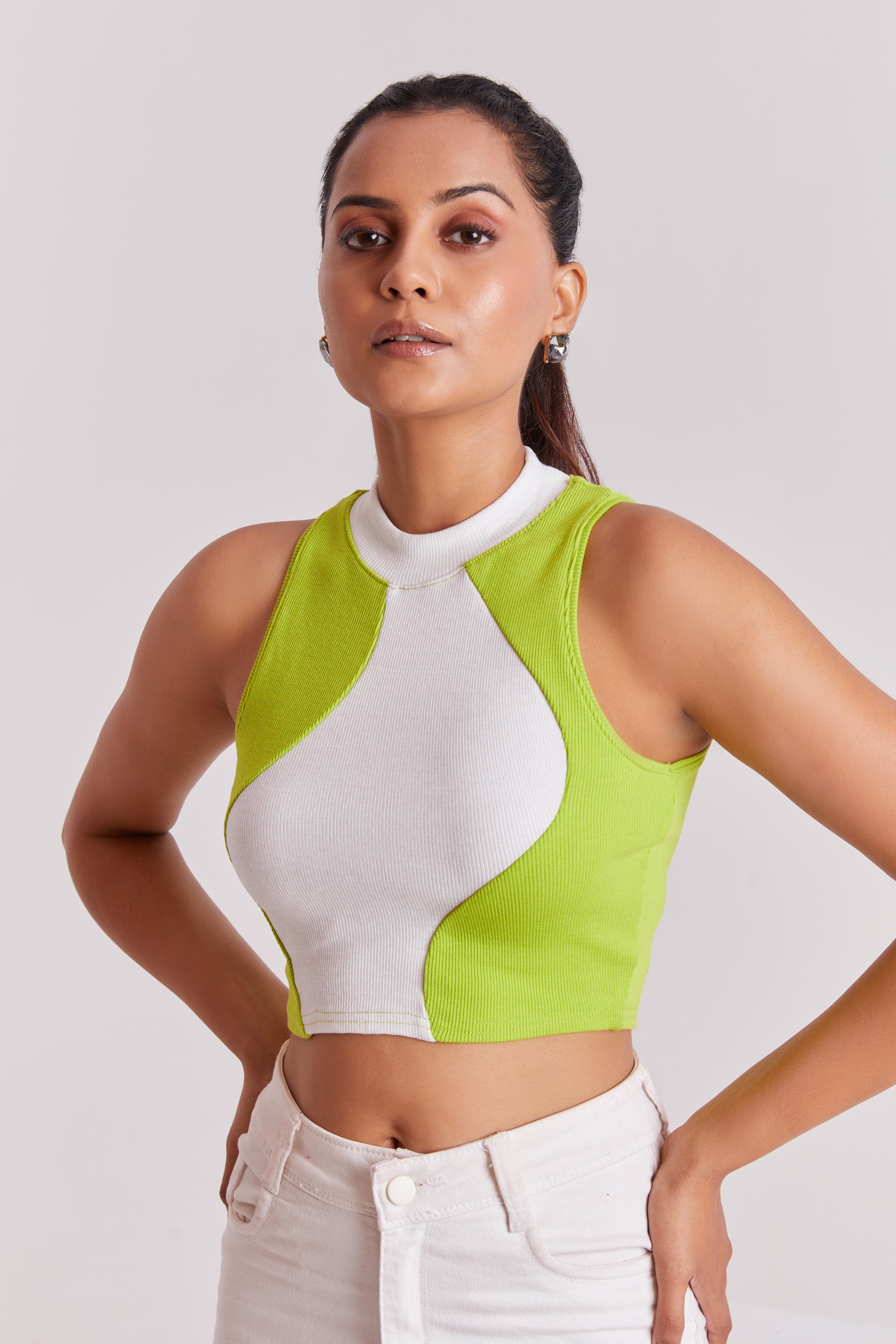 Neon & White Ribbed High Neck Sleeveless Crop Top