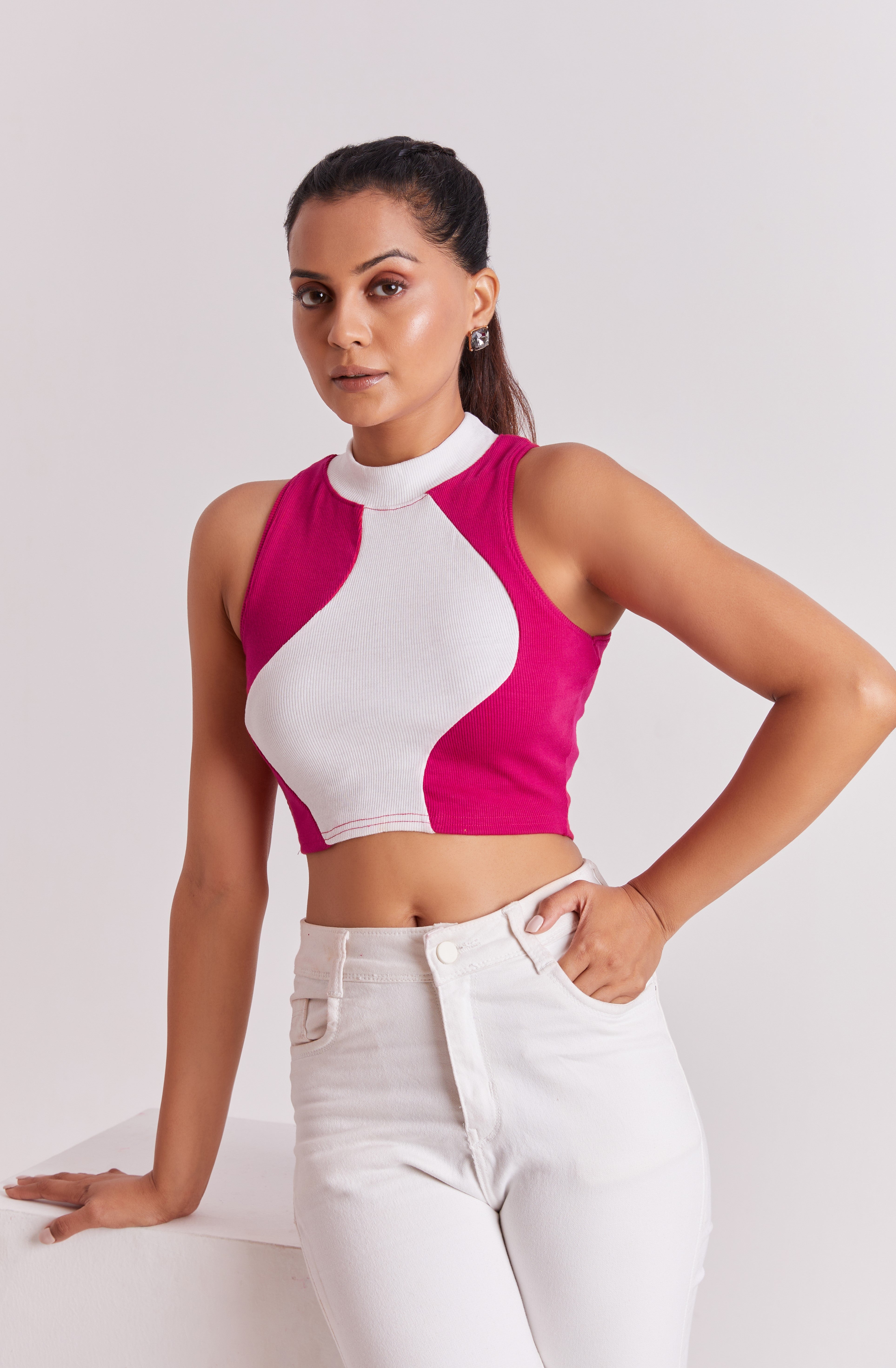 Pink & White Ribbed High Neck Sleeveless Crop Top