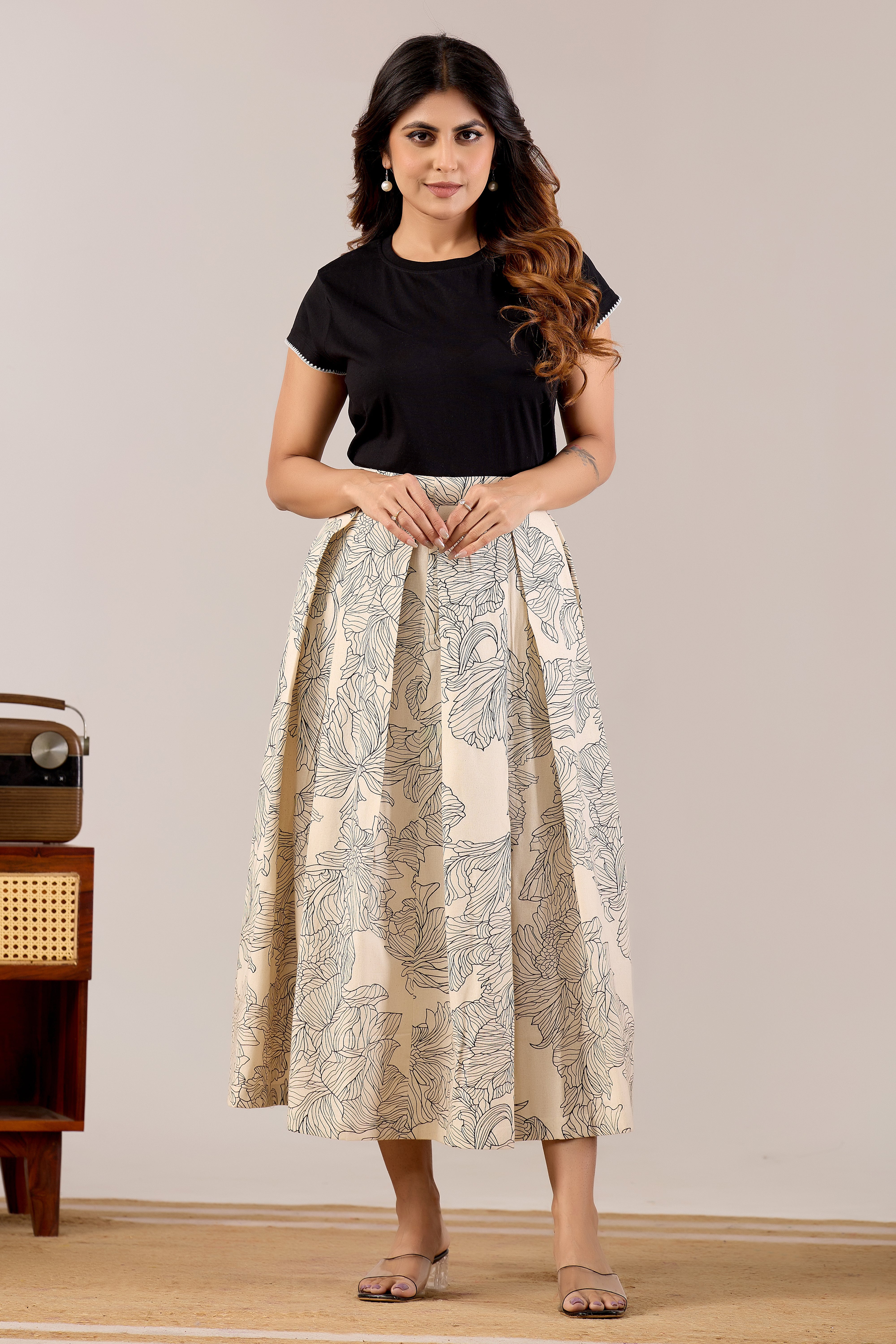 Ivory Line Art Floral Midi Skirt