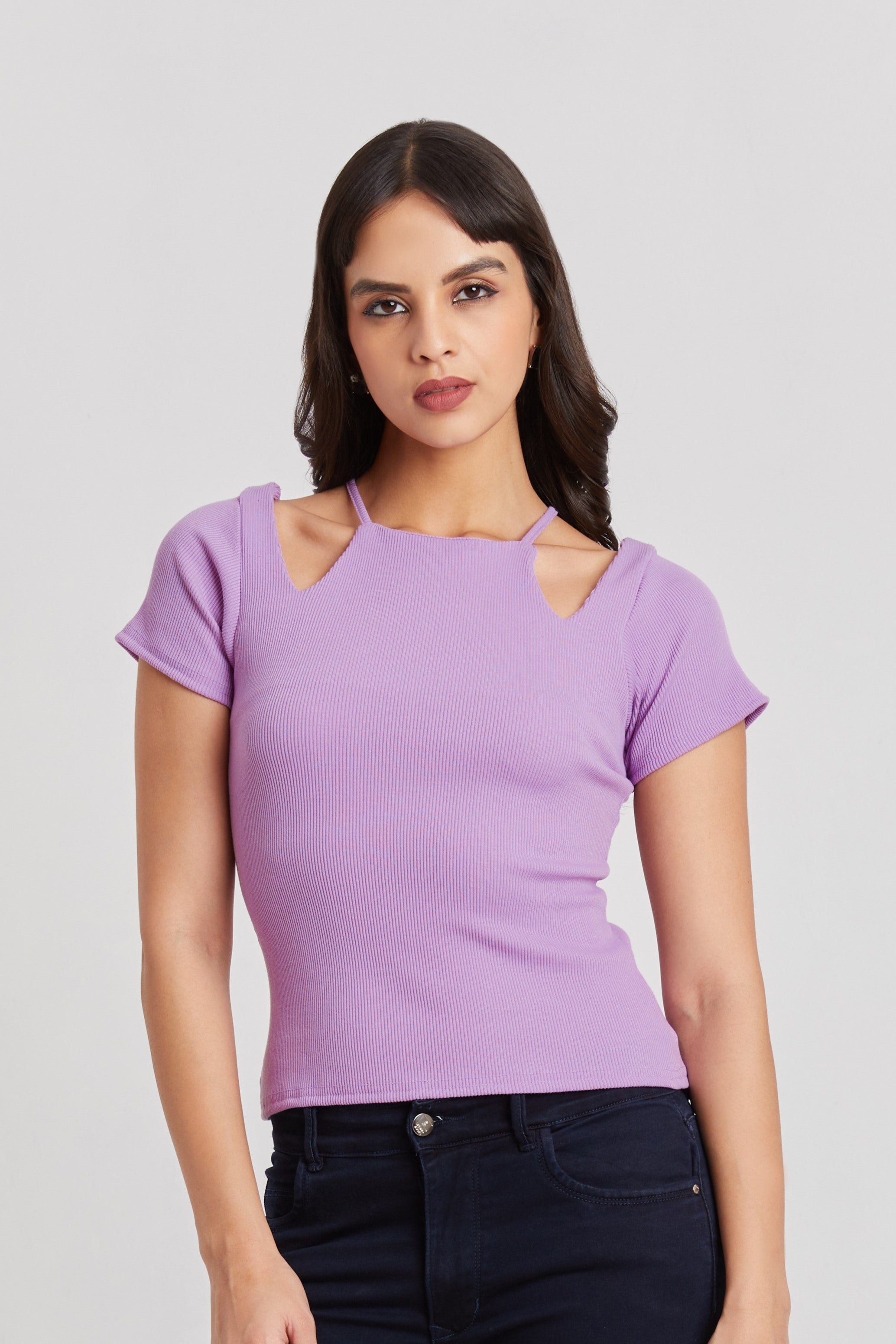 Midnight Lavender Purple Ribbed Cutout Top