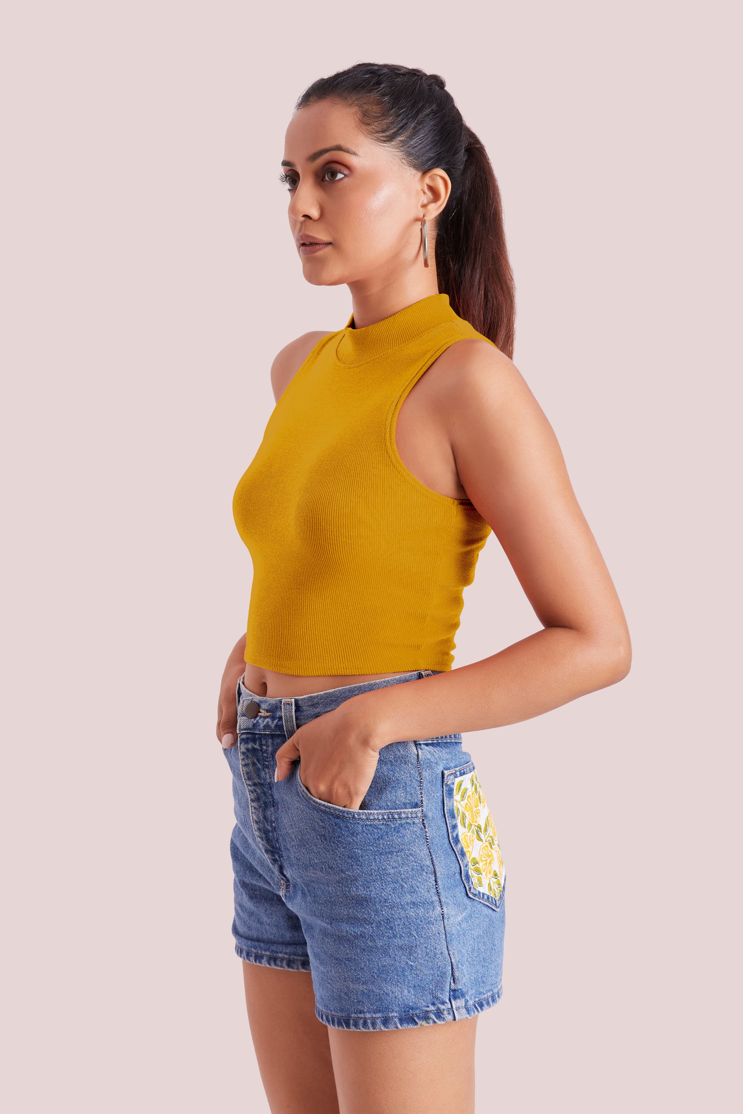 Mustard Yellow Ribbed High Neck Sleeveless Crop Top