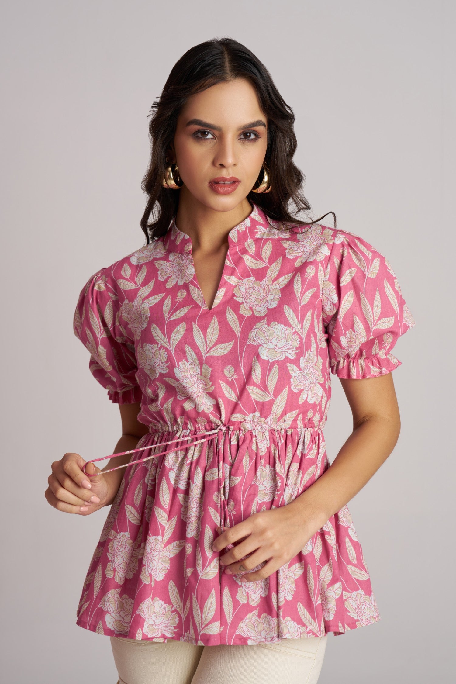 Olive Bloom Puff Sleeve Peplum Top
