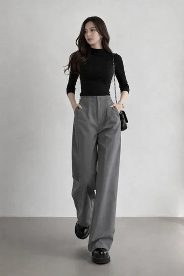 Beige High-Waist Wide Leg Trousers