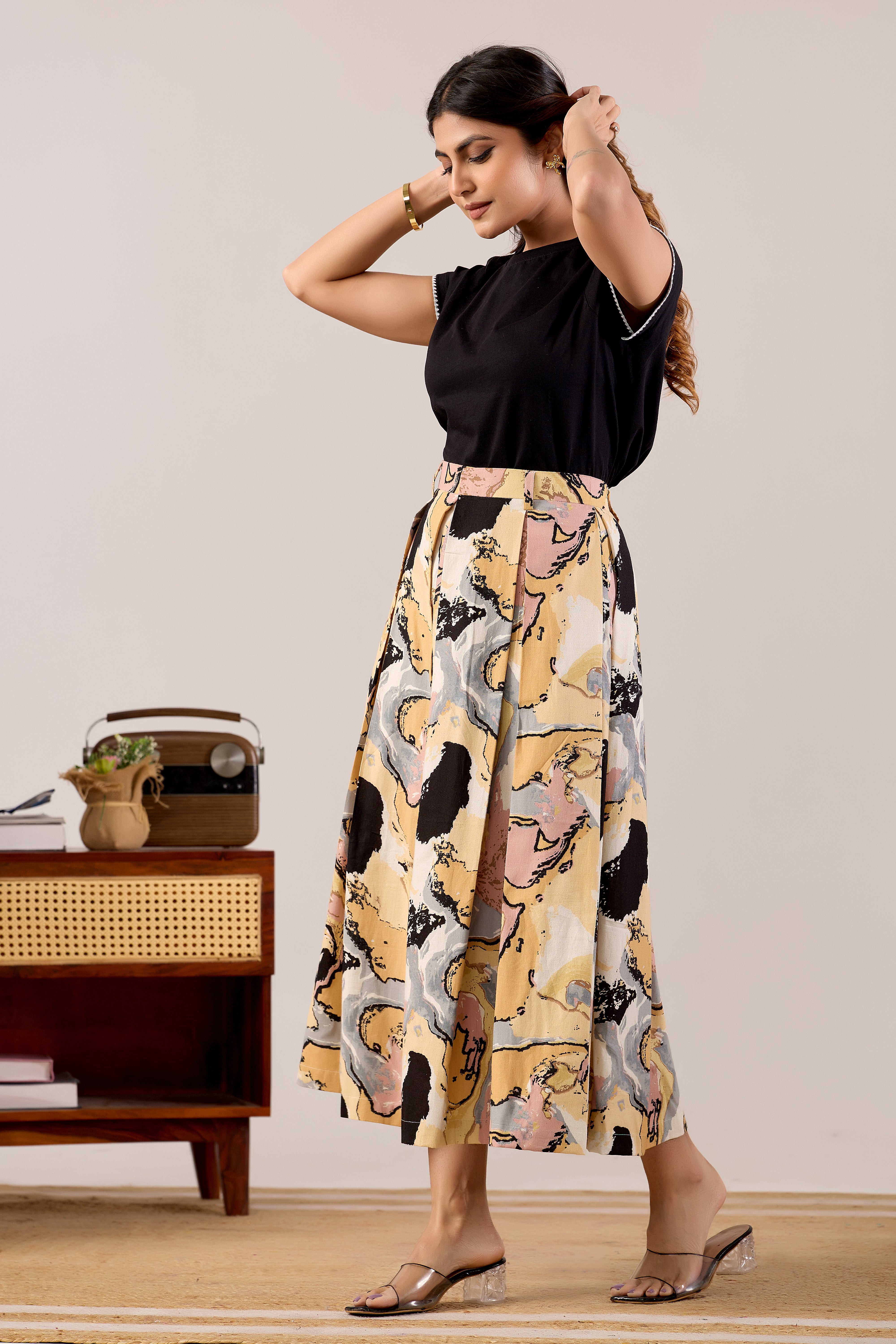 Desert Abstract Pleated Midi Skirt