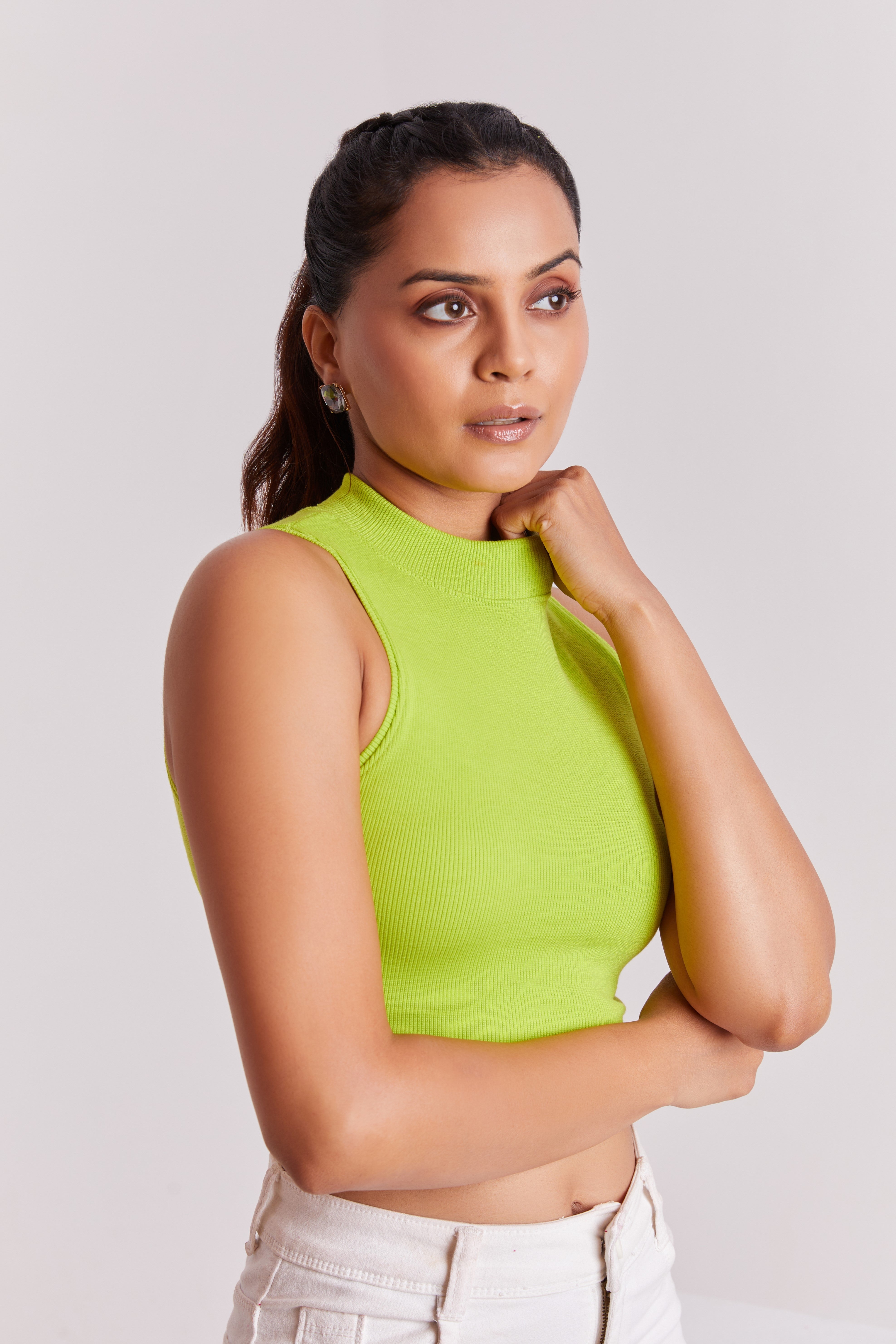 Neon Ribbed High Neck Sleeveless Crop Top