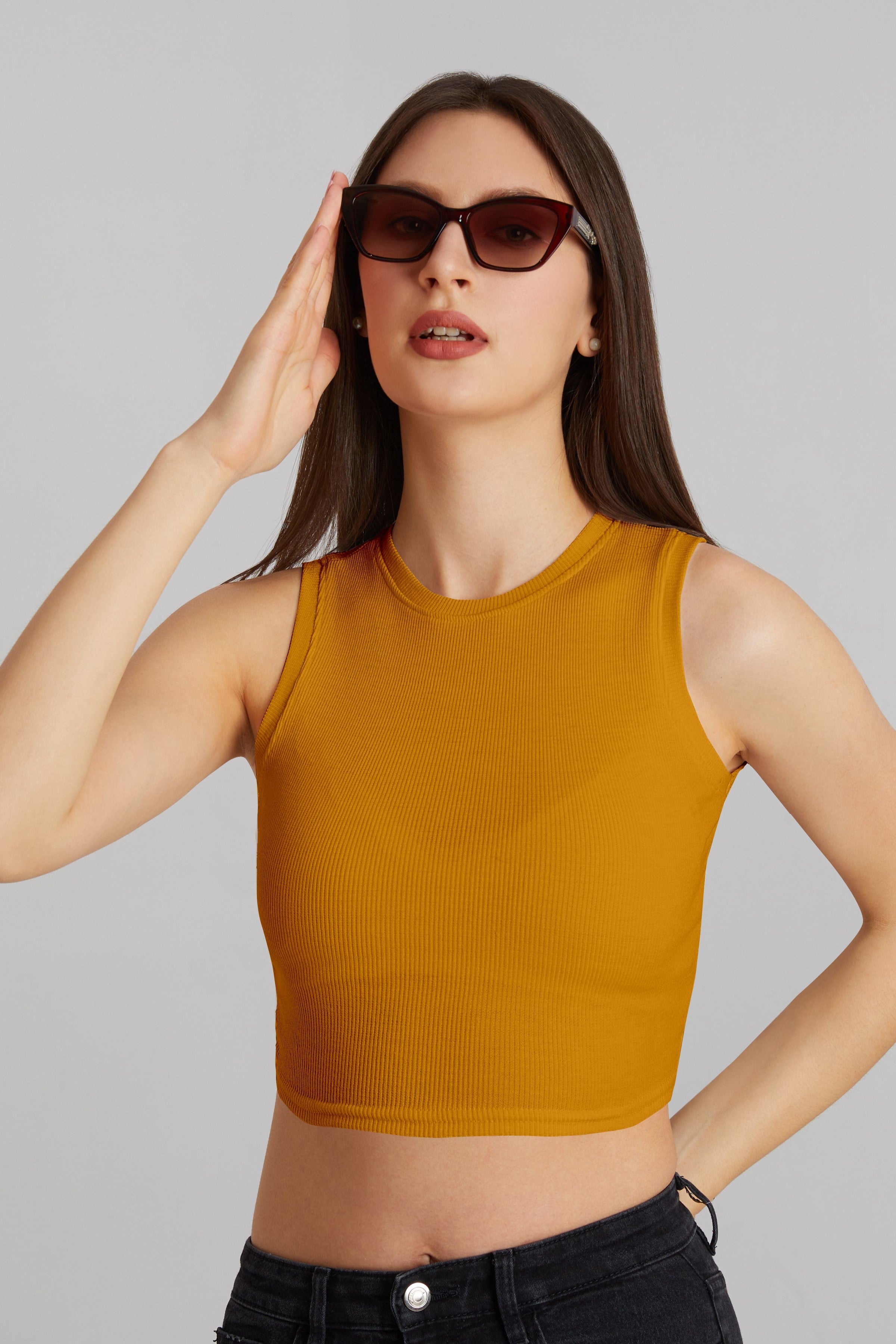 Mustard Yellow Ribbed Sleeveless Crop Top