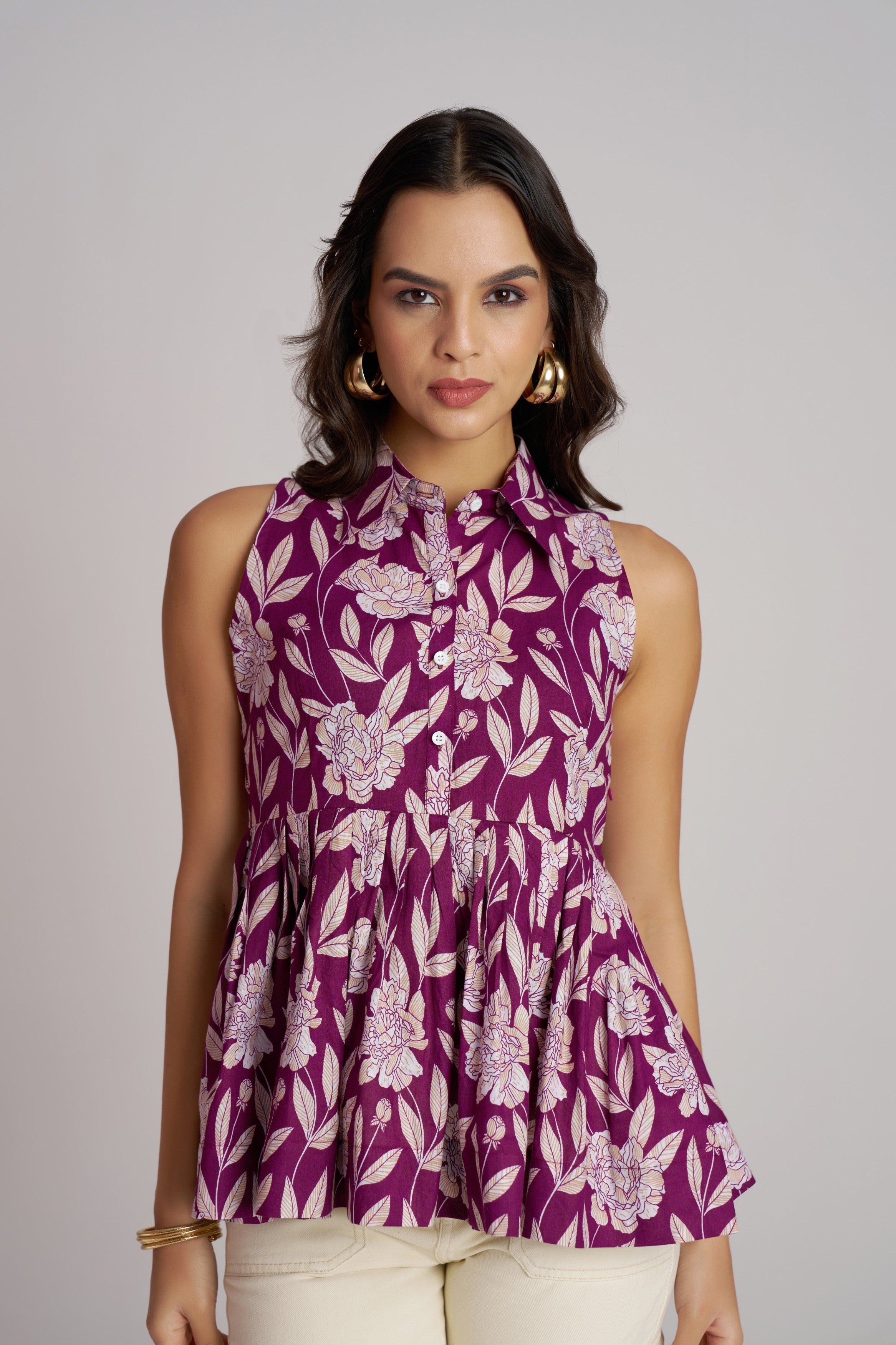 Plum Bloom Sleeveless Peplum Top