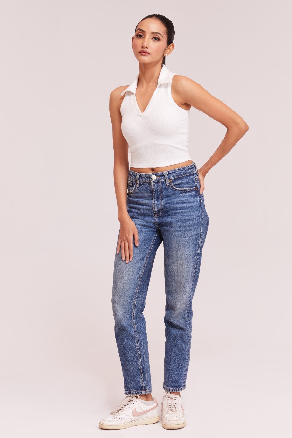 Black-Ribbed Collared Sleeveless Crop Top