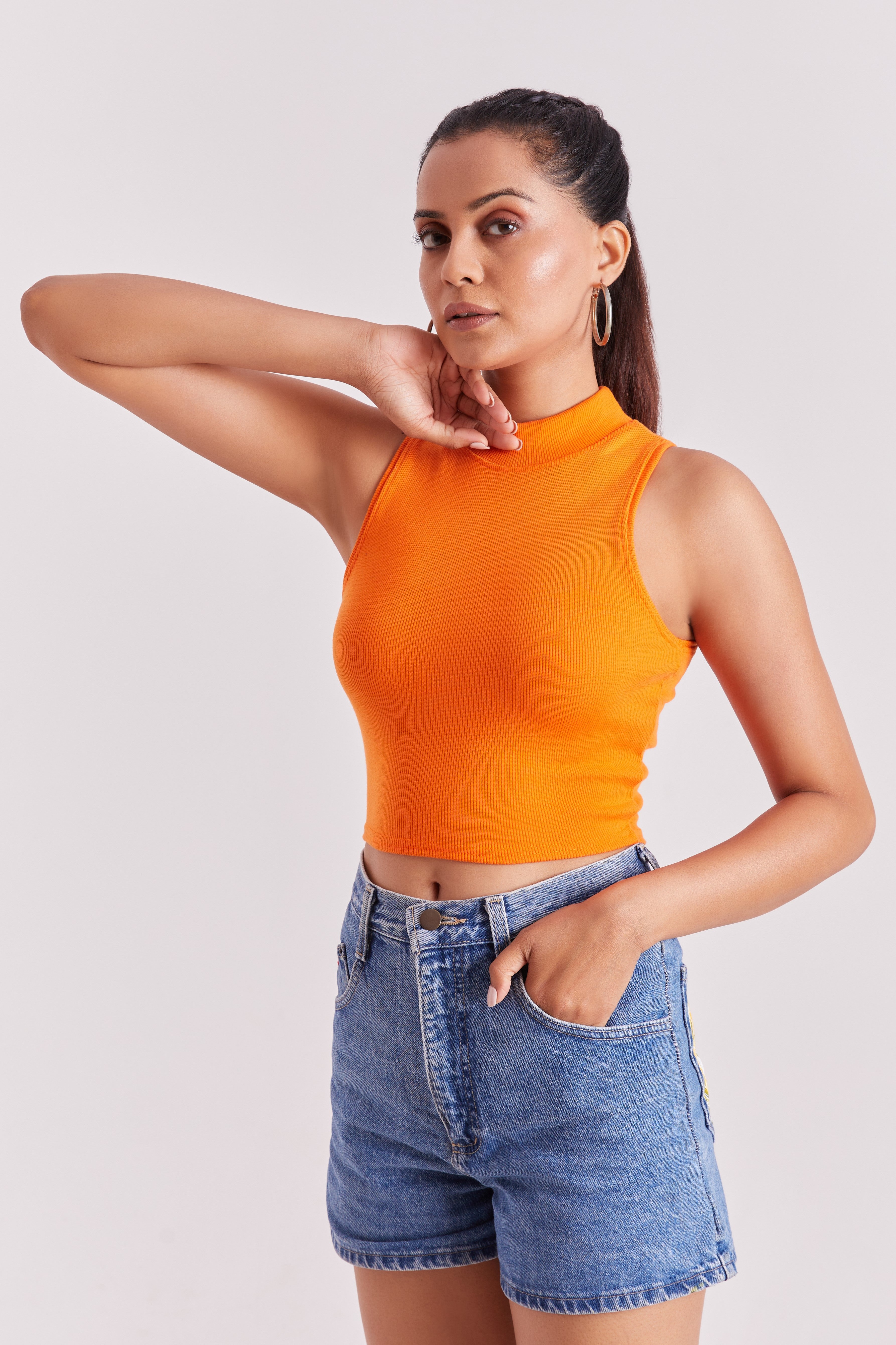 Orange Ribbed High Neck Sleeveless Crop Top