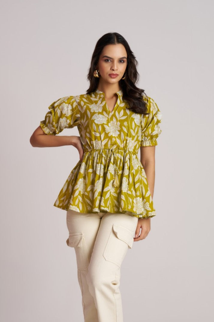 Plum Bloom Puff Sleeve Peplum Top