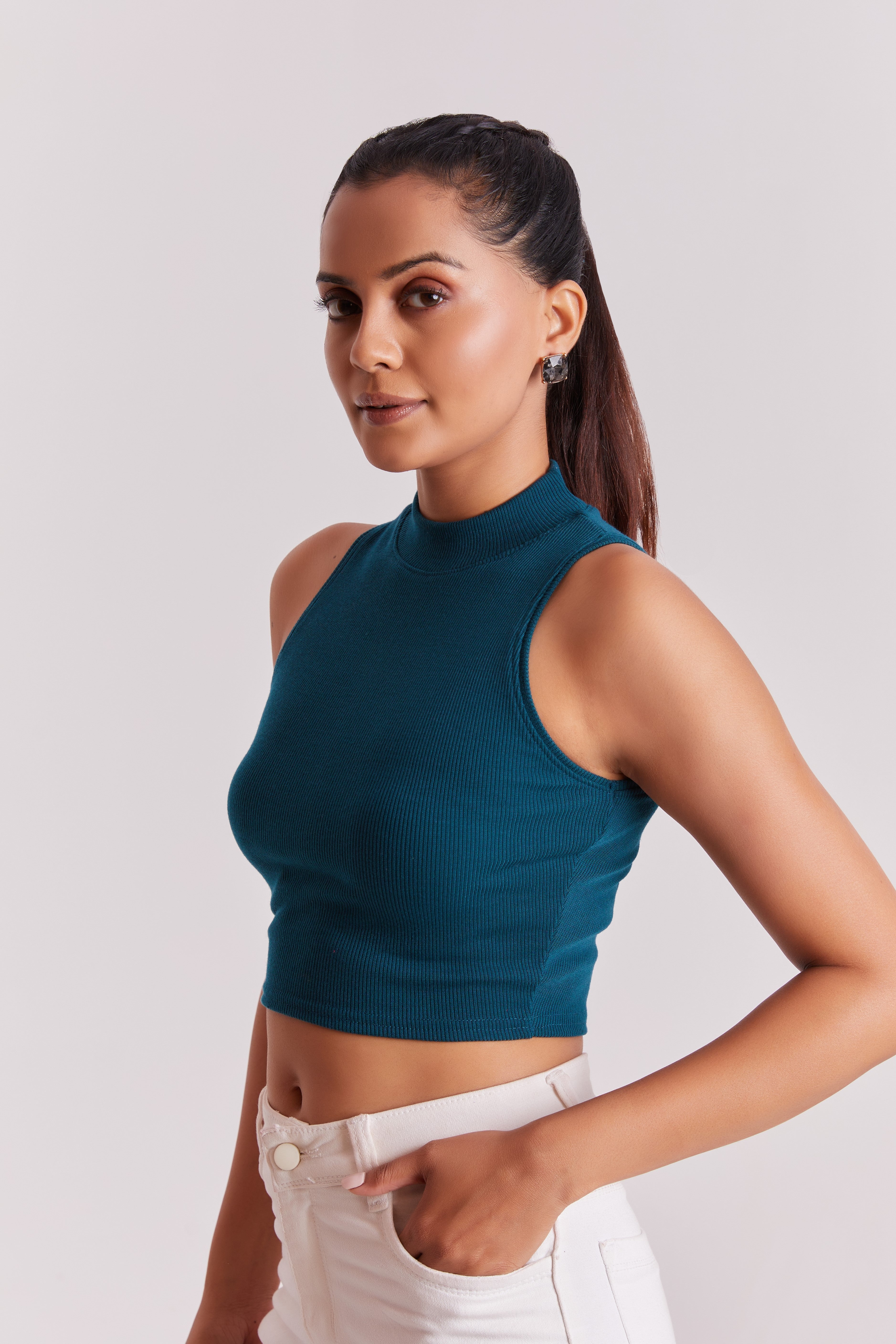 Teal Green Ribbed High Neck Sleeveless Crop Top
