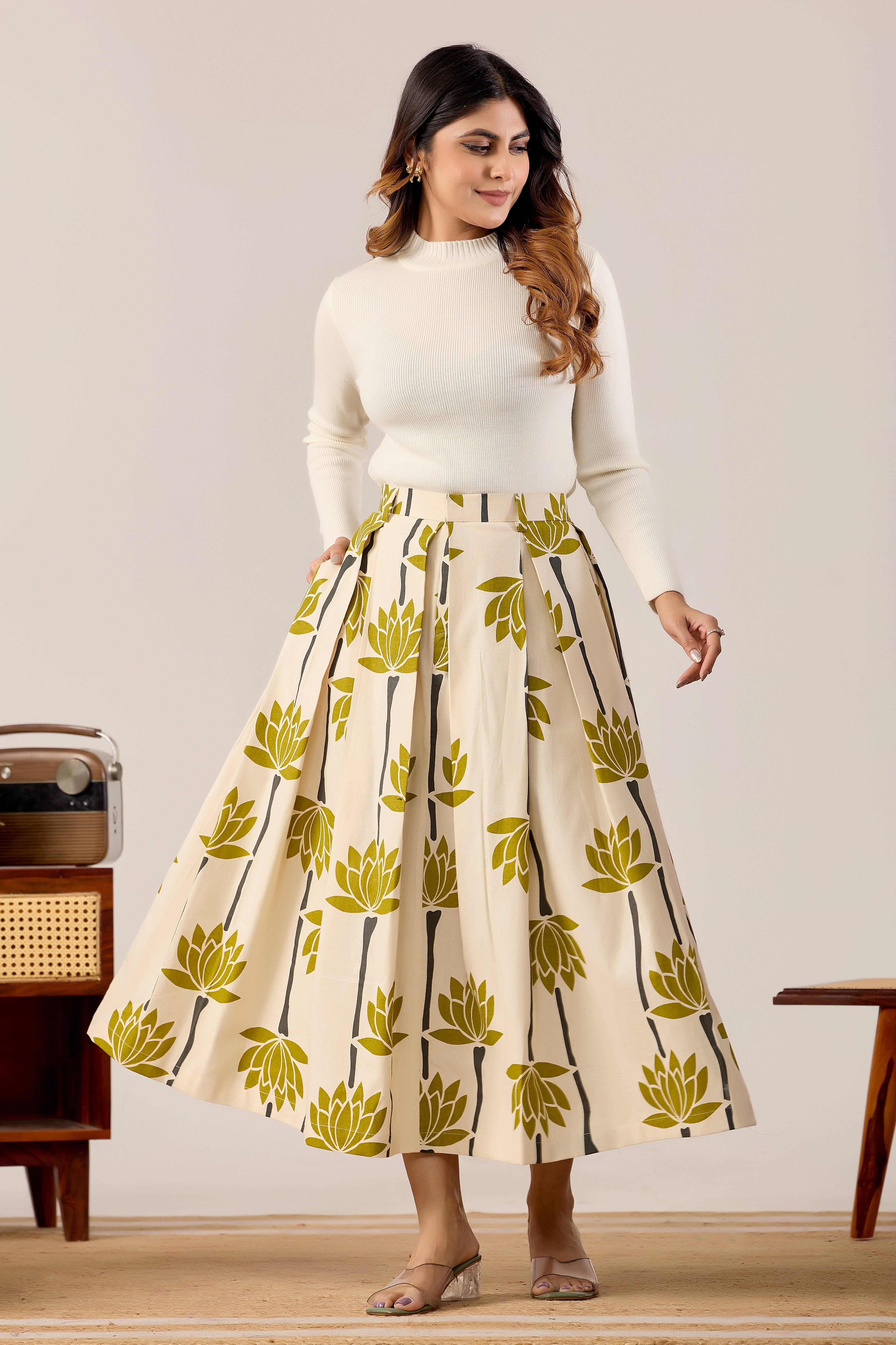 Lotus Bloom Printed Midi Skirt