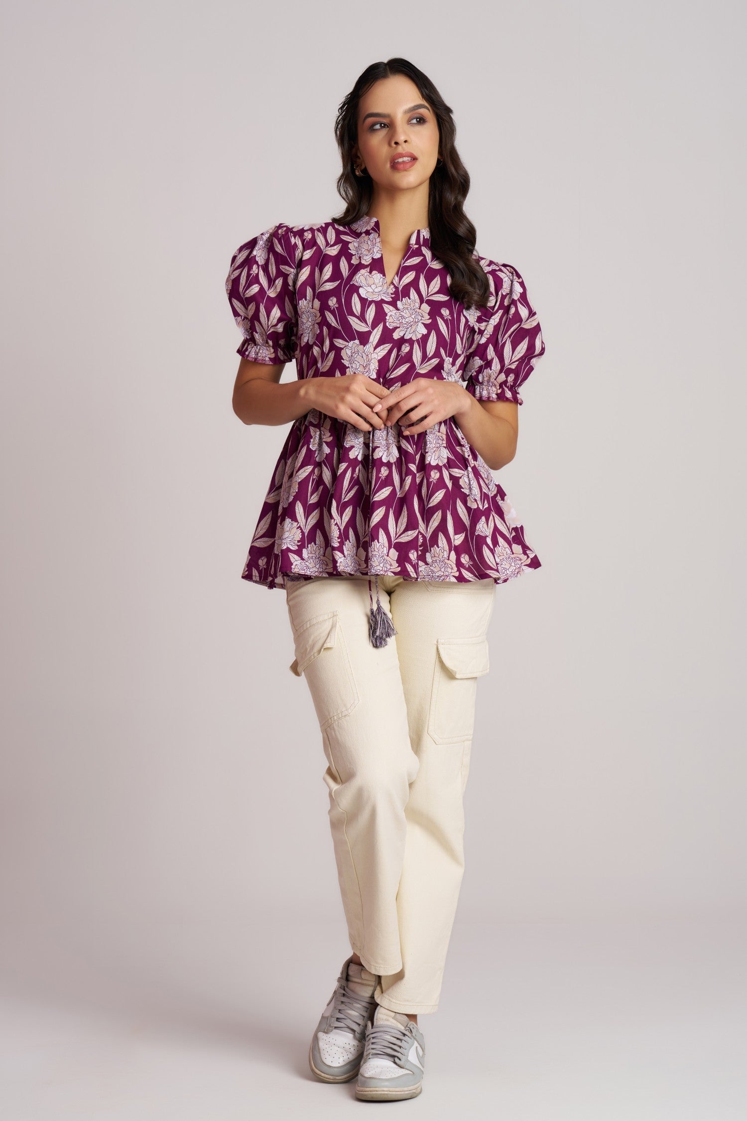 Plum Bloom Puff Sleeve Peplum Top
