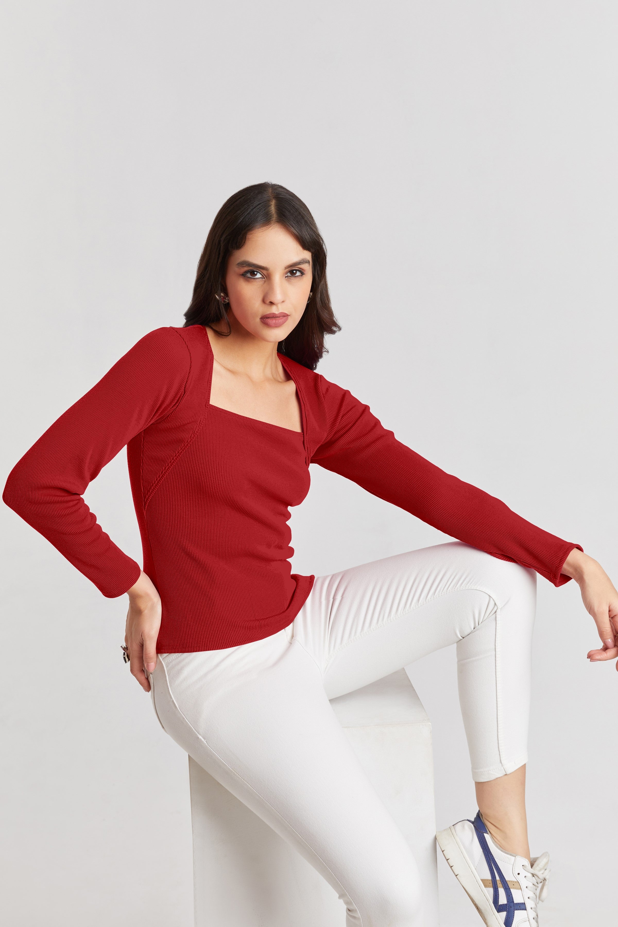 Black Ribbed Square Neck Top