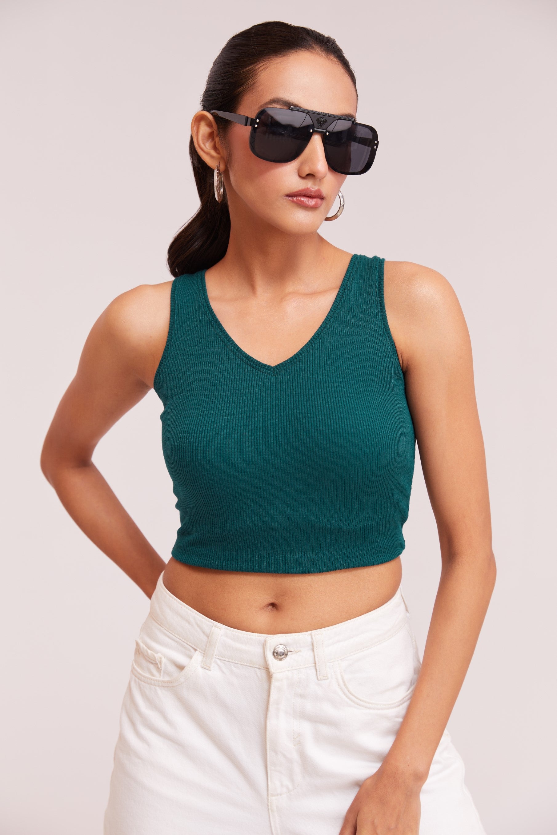 Black Ribbed V-Neck Sleeveless Crop Top