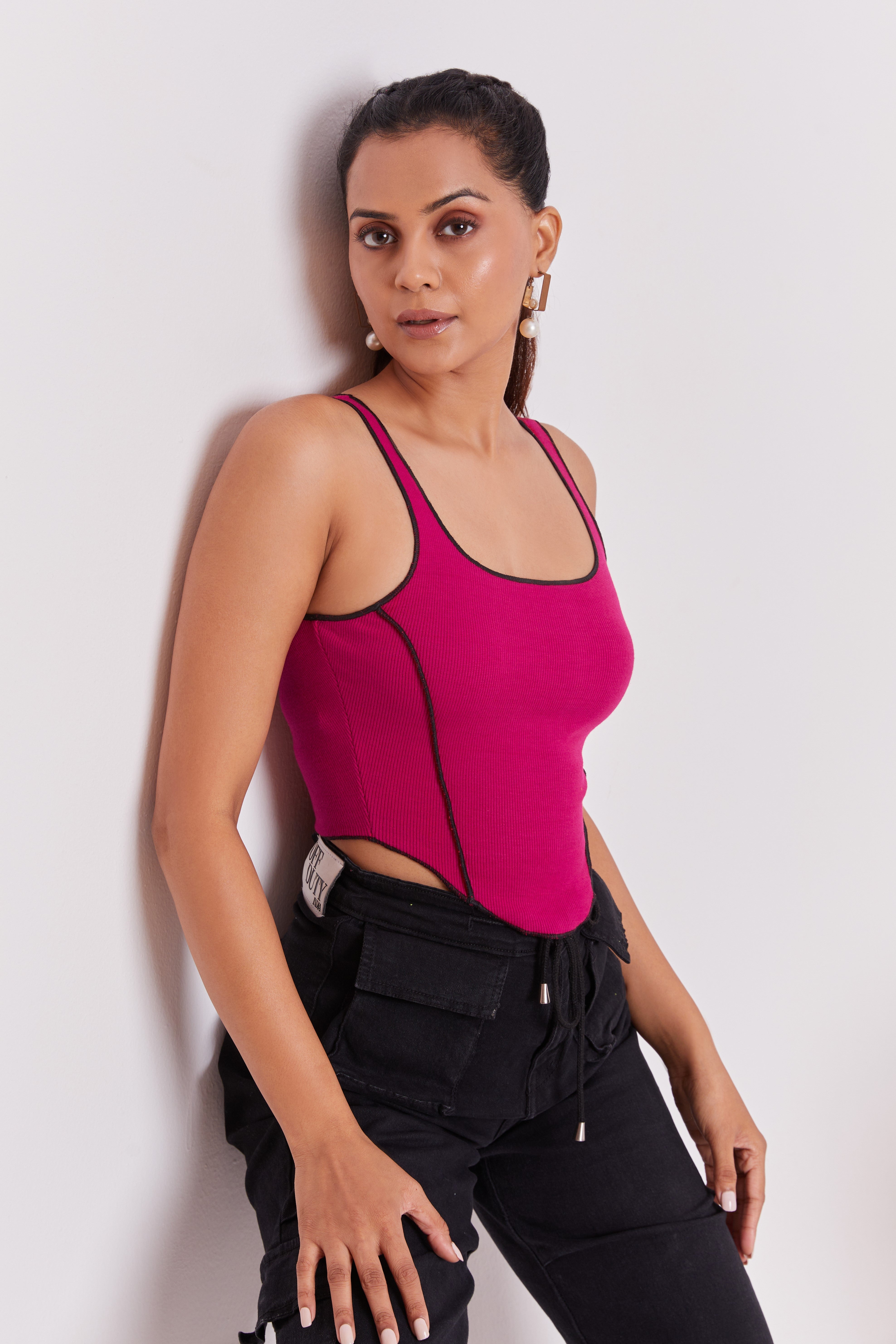 Pink Contrast Stitch Tank Top