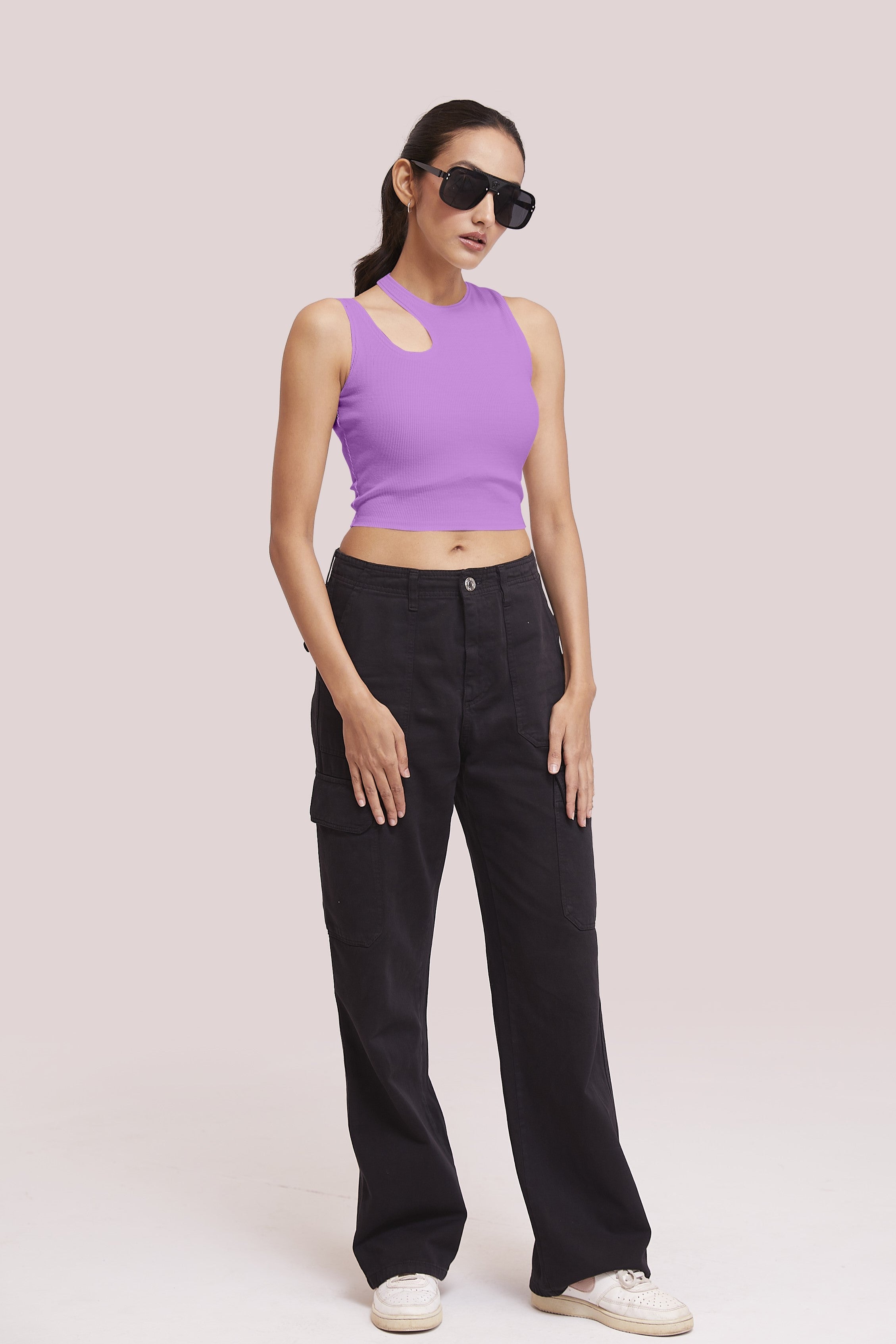 Lavender-Ribbed Sleeveless Cut-Out Tank Top
