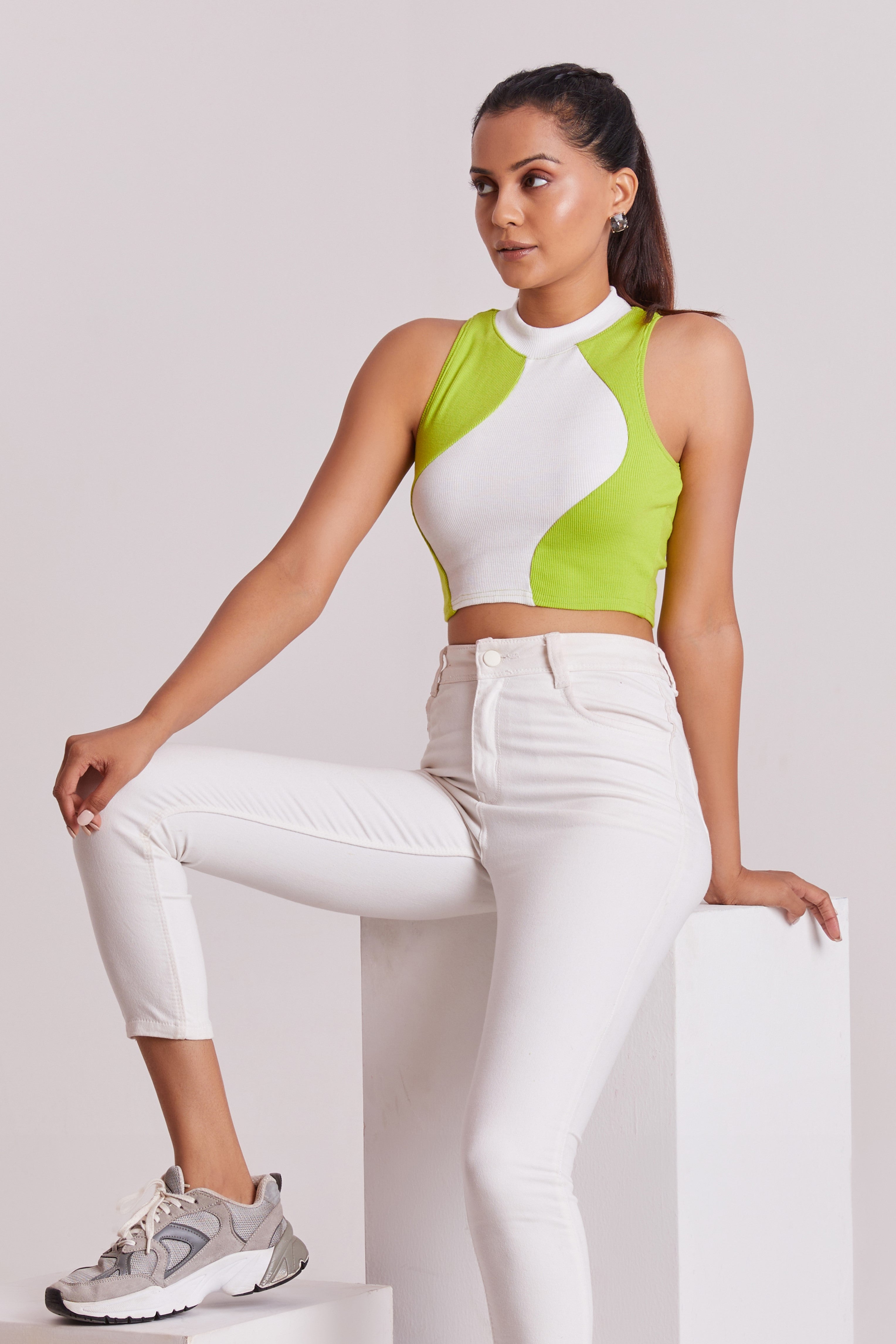Neon & White Ribbed High Neck Sleeveless Crop Top