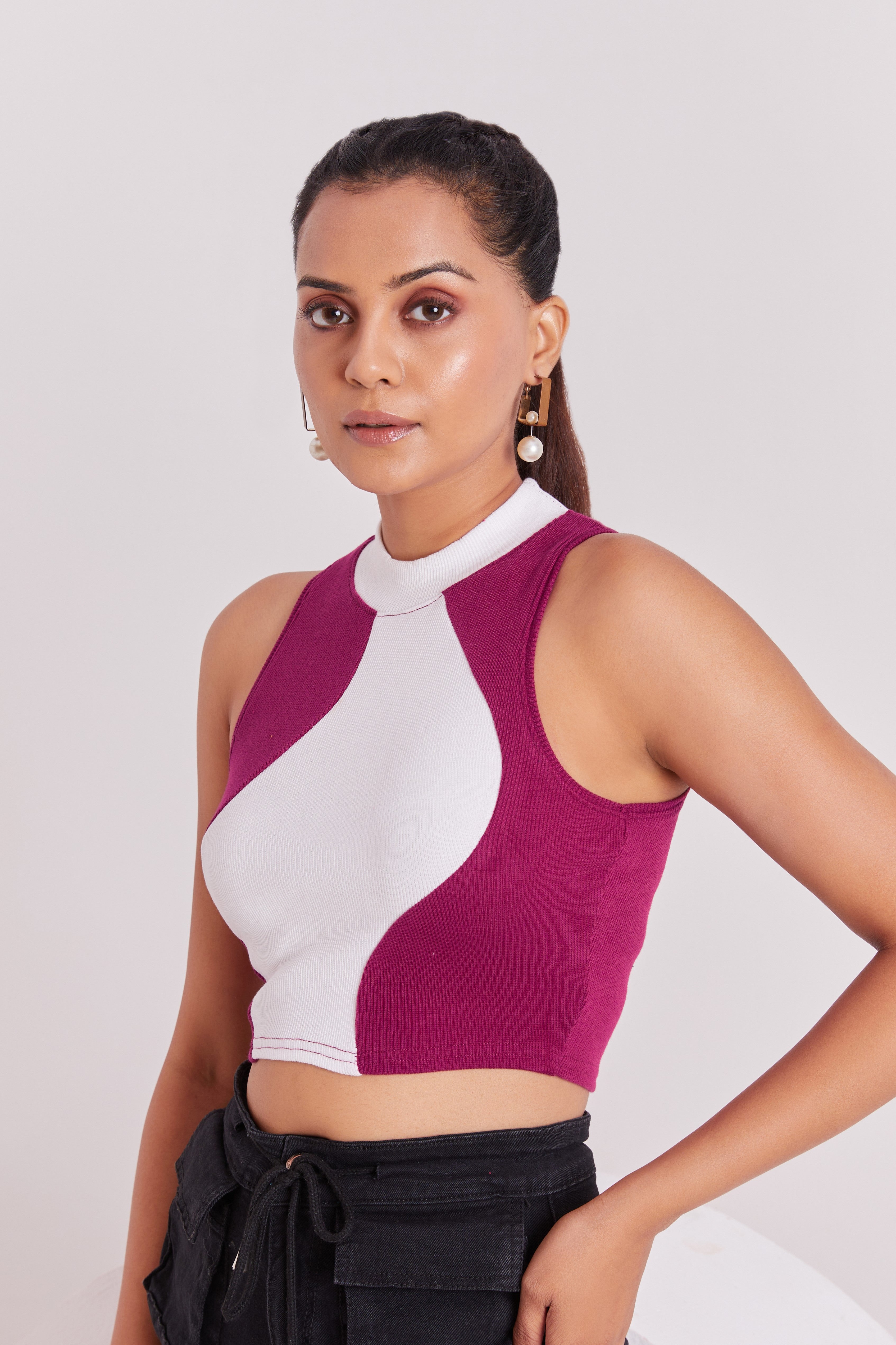 Wine & White Ribbed High Neck Sleeveless Crop Top
