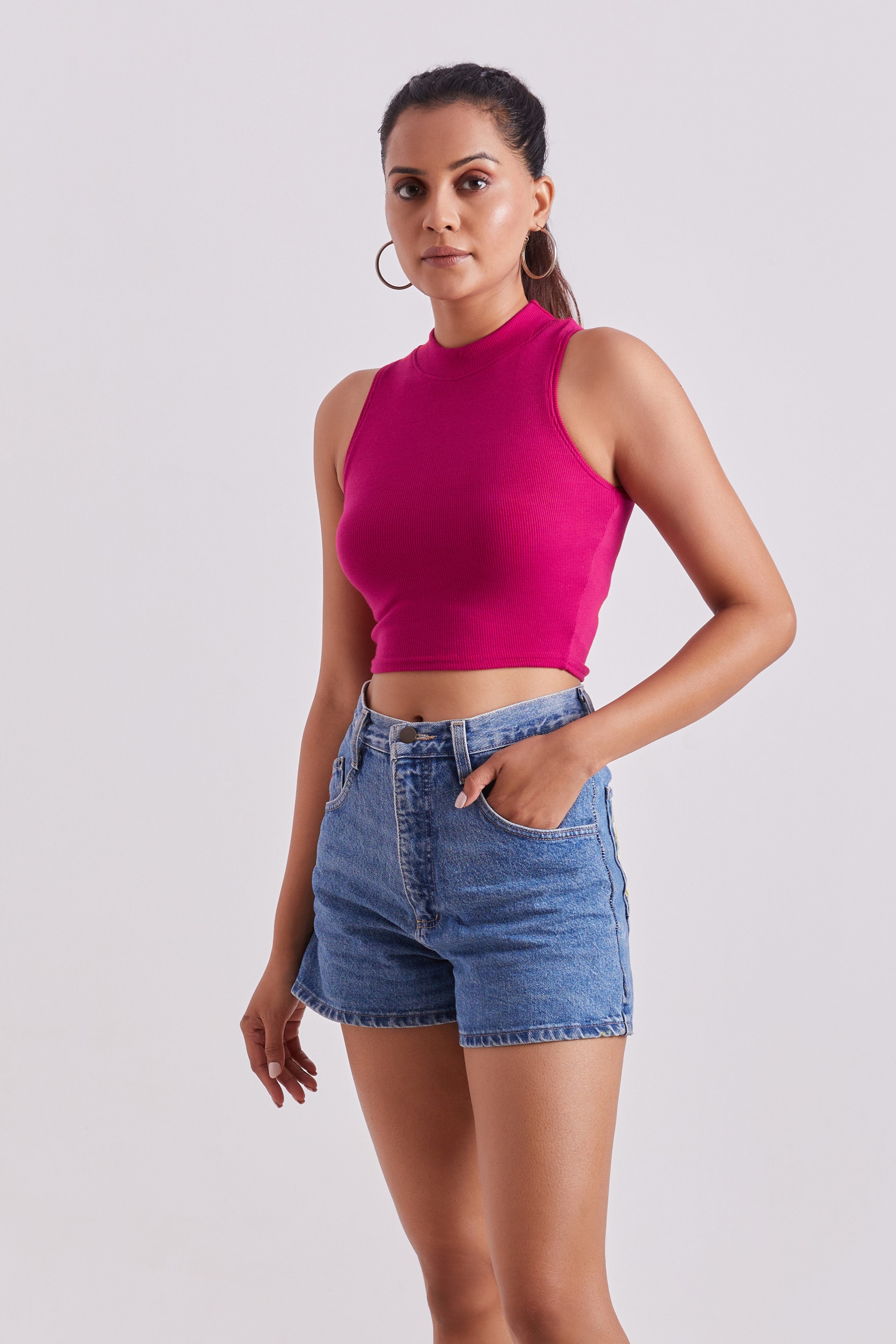 Pink Ribbed High Neck Sleeveless Crop Top