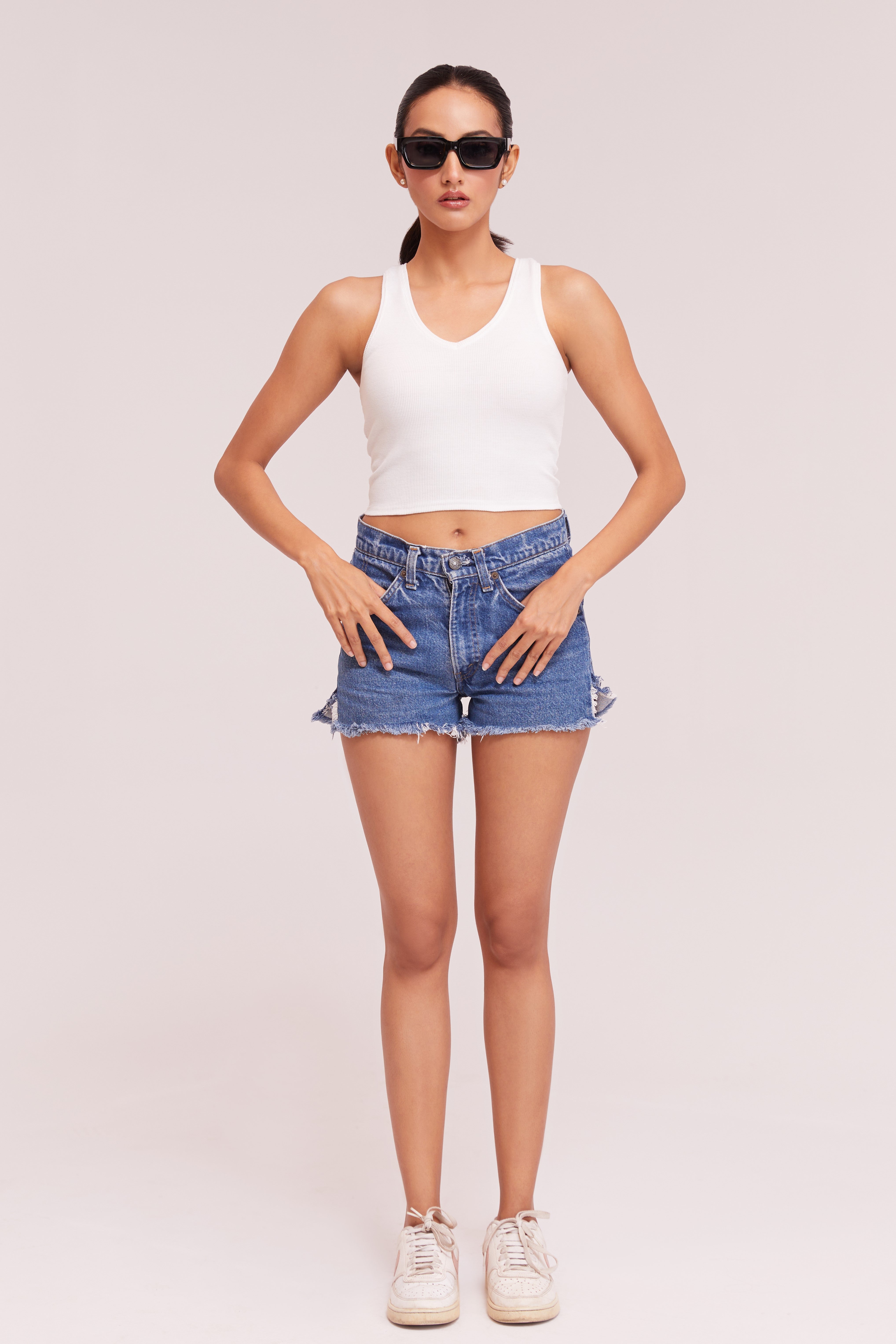 White Ribbed V-Neck Sleeveless Crop Top