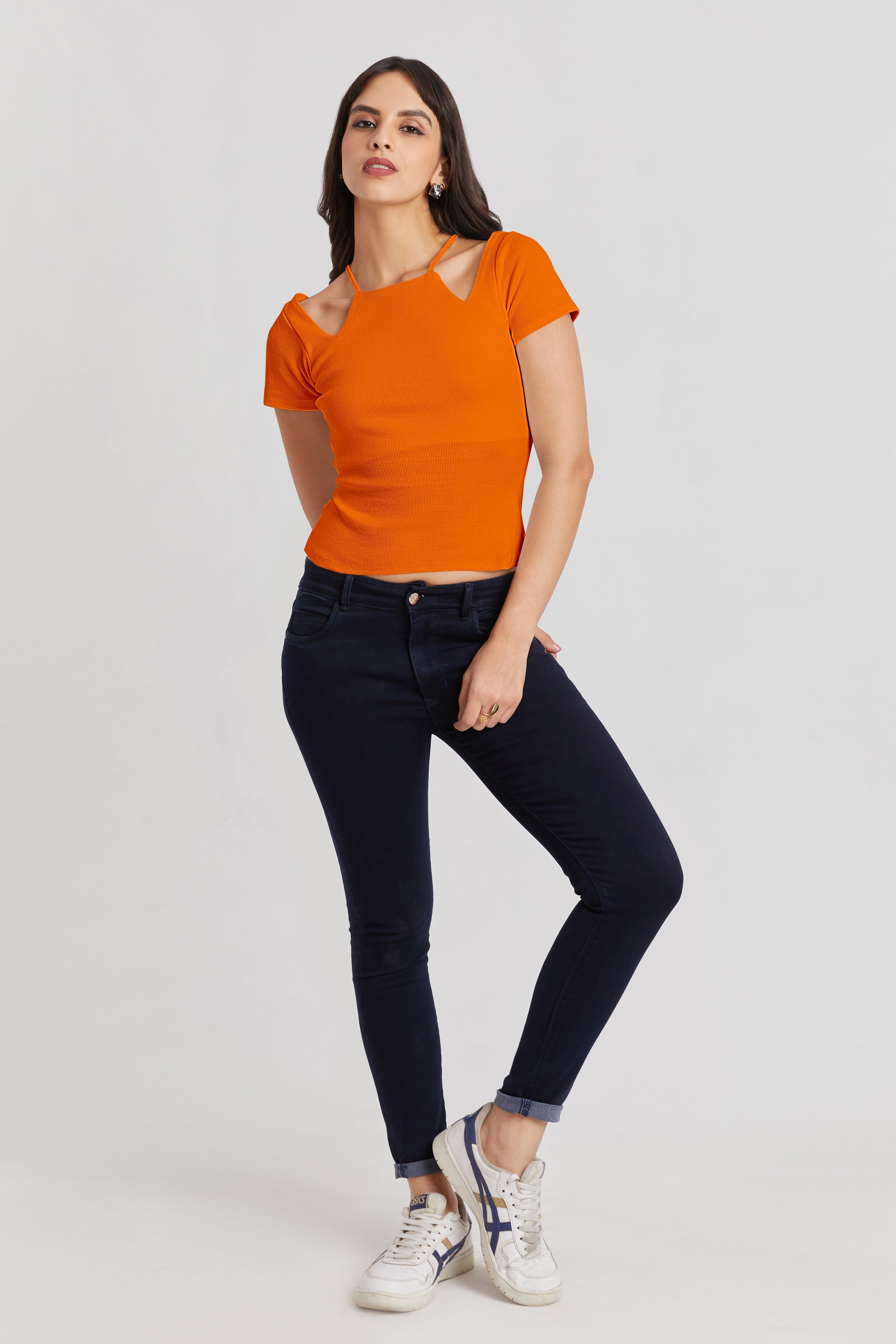 Midnight Orange Ribbed Cutout Top