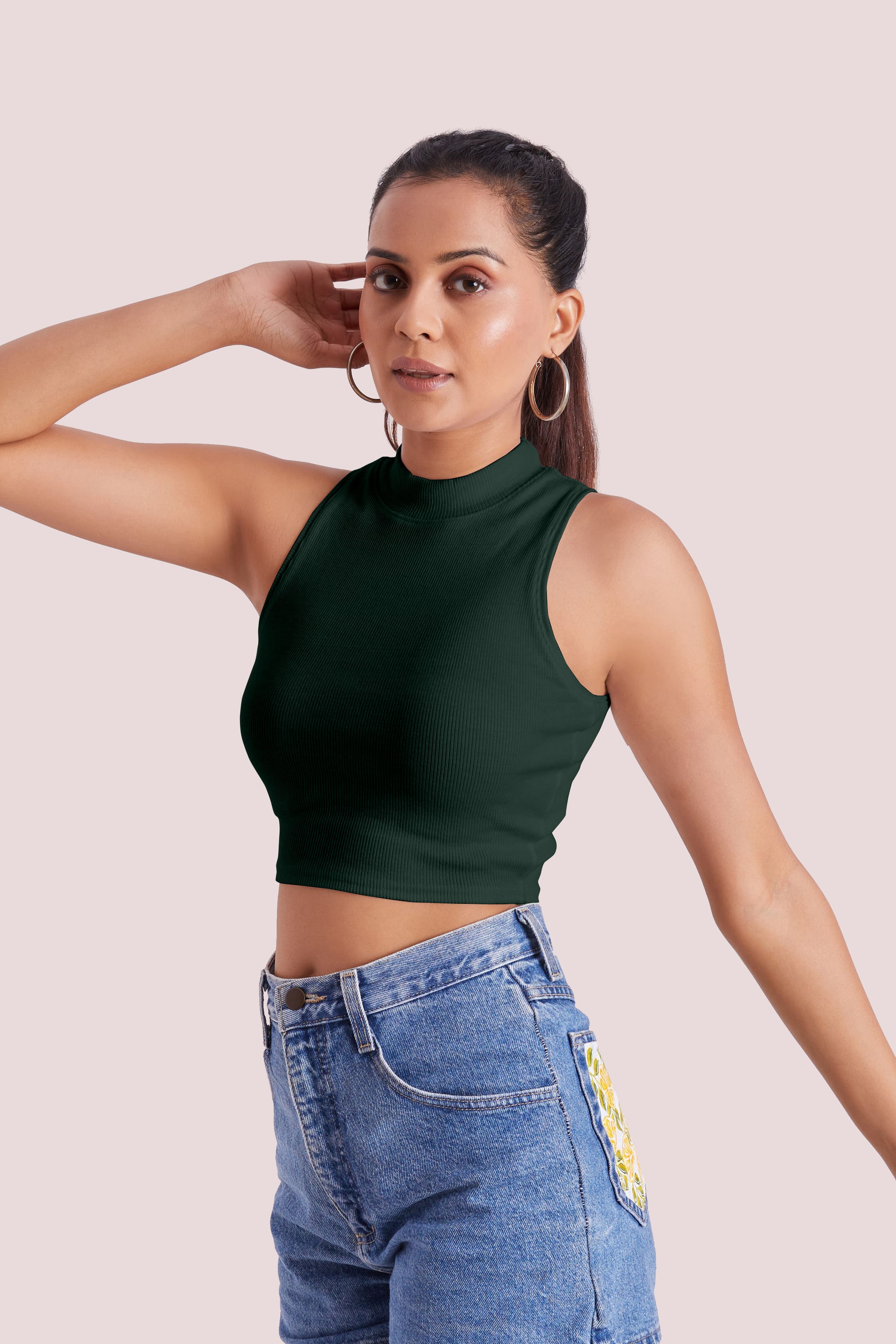 Forest Green Ribbed High Neck Sleeveless Crop Top