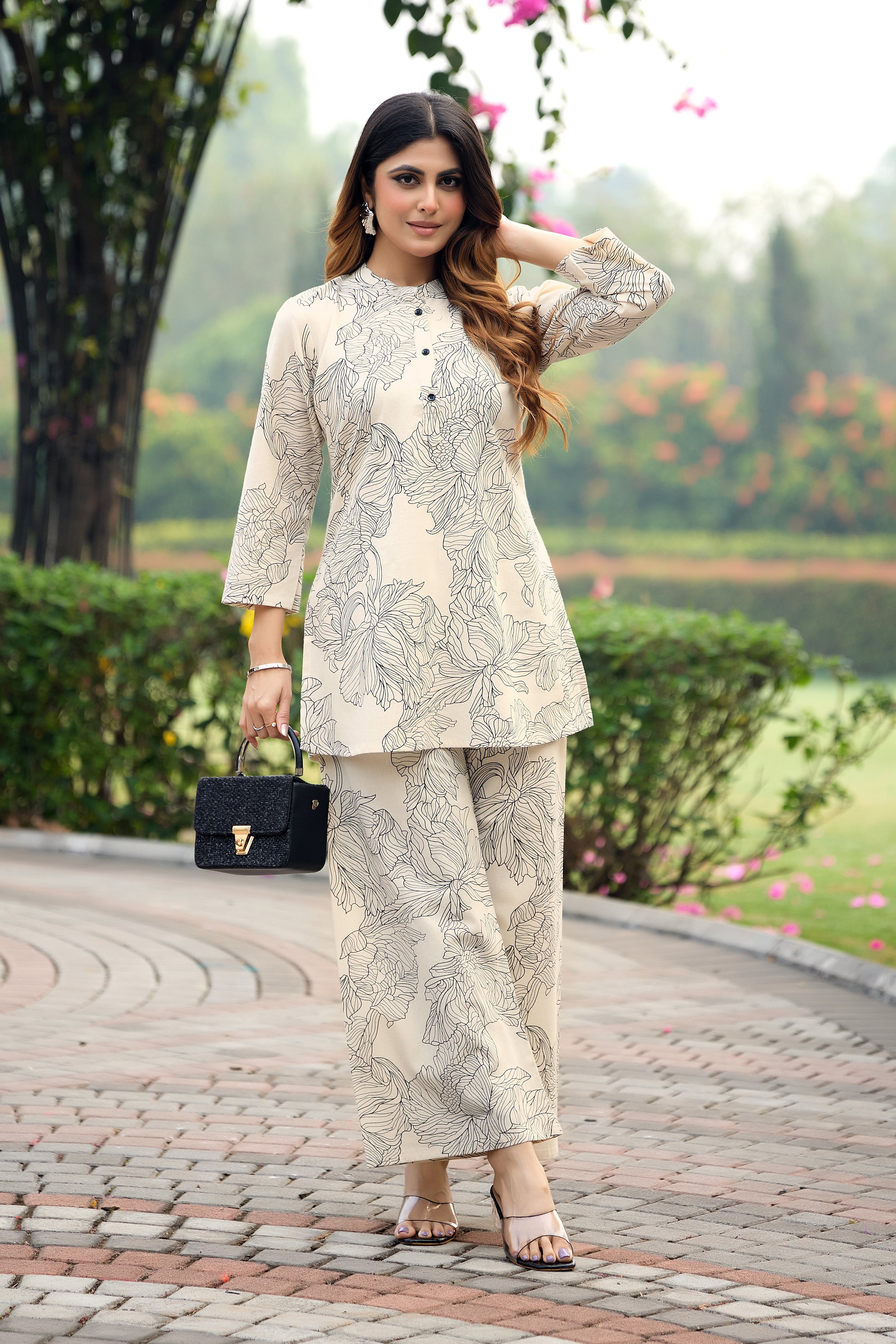 Soft Beige Floral Line Print Co-ord Set