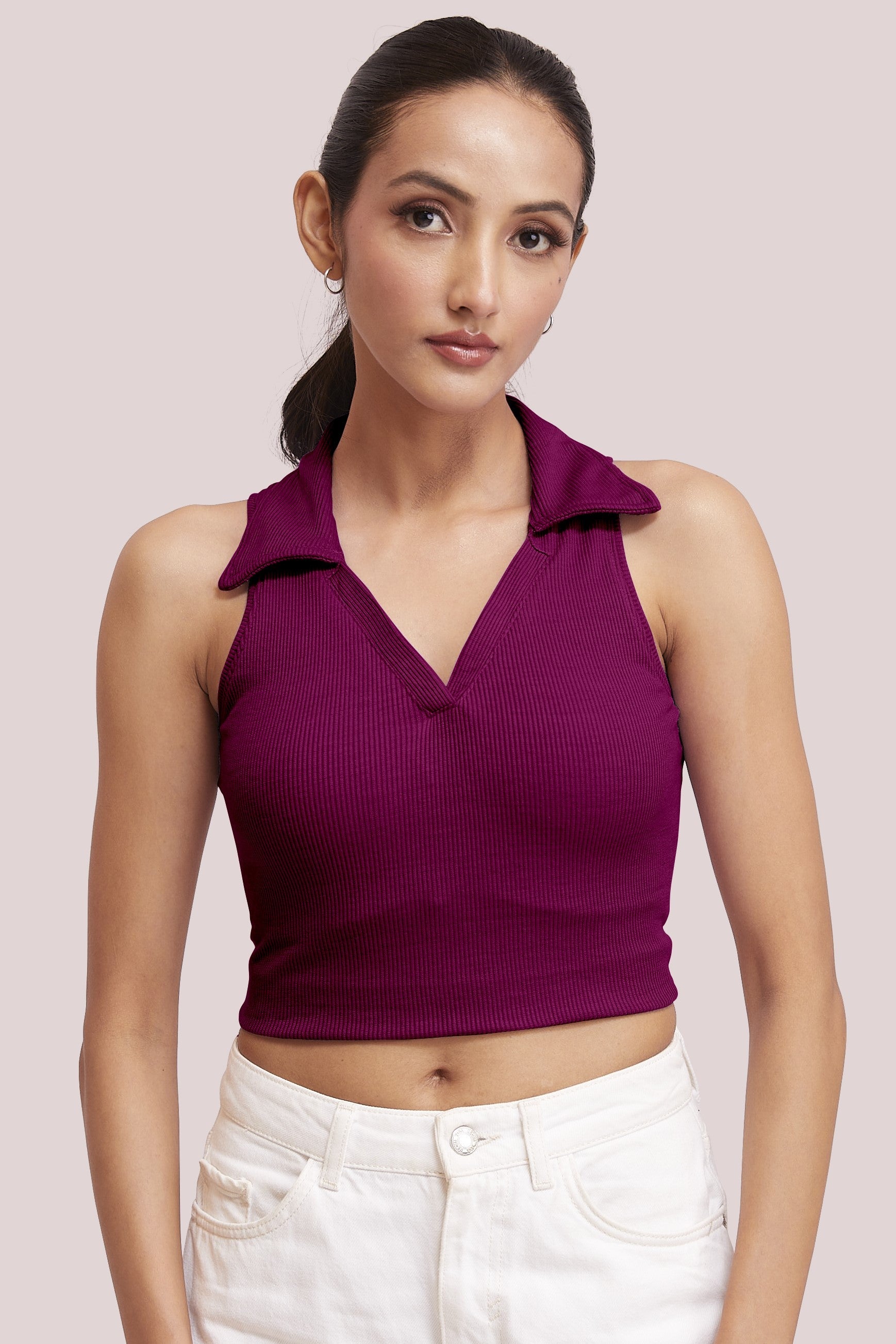 Wine-Ribbed Collared Sleeveless Crop Top